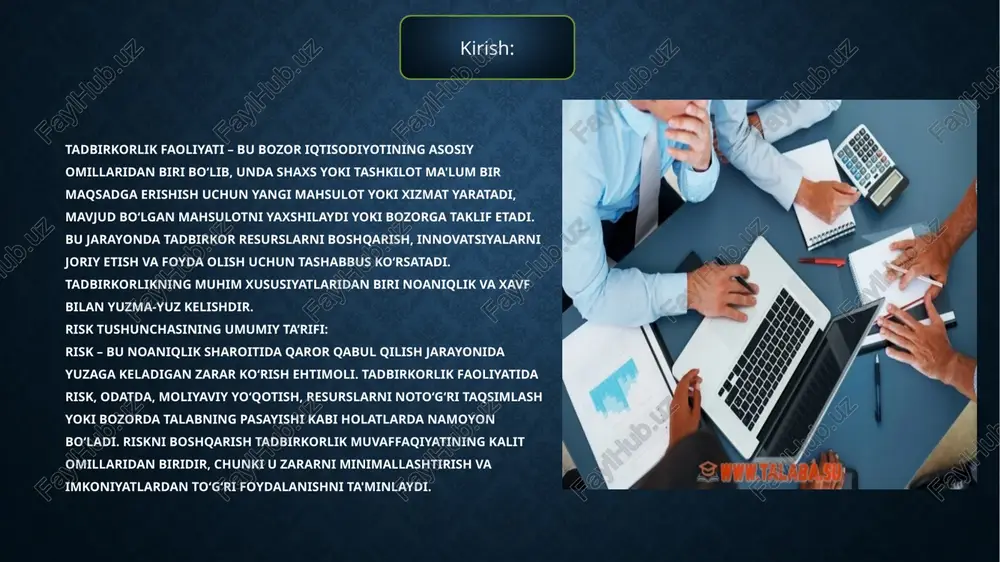 tabiati, kelib chiqish manbalari va uning ta’siri haqida ma'lumot beradi. risklarning tavsifi: bu bosqichda, risklar aniqlanadi va ularning xususiyatlari tavsiflanadi. masalan, iqtisodiy risklar, siyosiy noaniqliklar, bozorning o‘zgarishiga ta’sir qiluvchi omillar. risklarni tavsiflashda ularning mumkin bo‘lgan oqibatlari va ehtimoliy sabablari aniqlanadi. risklarning tahlili: risklar tahlil qilinadi va ularning har birining tashkilotga ta’siri va oqibatlari muhokama qilinadi. bu jarayon orqali, risklarning salbiy ta’sirini kamaytirish uchun chora-tadbirlar ishlab chiqiladi. sifat baholash usulining asosiy afzalligi shundaki, u risklar haqida kengroq tasavvur yaratadi va boshqaruvchilarga qarorlar qabul qilishda yordam beradi. biroq, u risklarning konkret miqdorini yoki ehtimolligini aniqlamaydi. risklarni baholash usullari: miqdoriy baholash: risklarning ehtimollik darajasini aniqlash va ularni iqtisodiy jihatdan baholash miqdoriy baholash usuli risklarni aniq miqdorda baholashni o‘z ichiga oladi. bu usulda risklarning ehtimollik darajasi va ularning iqtisodiy ta'siri o‘lchanadi. miqdoriy baholash, odatda, statistik yoki matematik modellar yordamida amalga oshiriladi. ehtimollik darajasini aniqlash: riskning yuzaga kelish ehtimolligi aniqlanadi. masalan, bozorning pasayishi ehtimolligi yoki …