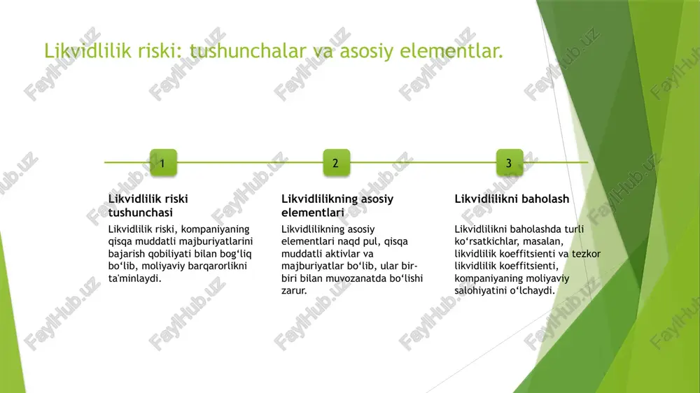 unchalar va ahamiyati. 1 toʻlovga qobiliyatlilik tushunchasi toʻlovga qobiliyatlilik - bu korxonaning qisqa muddatli majburiyatlarini o'z vaqtida bajarish qobiliyatidir. bu moliyaviy barqarorlikni ta'minlaydi. 2 toʻlovga qobiliyatlilik ahamiyati toʻlovga qobiliyatlilik, investorlar va kreditorlar uchun muhim ko'rsatkichdir. u korxonaning moliyaviy sog'lomligini va risklarni boshqarish qobiliyatini aks ettiradi. 3 toʻlovga qobiliyatlilik ko'rsatkichlari toʻlovga qobiliyatlilik ko'rsatkichlari, masalan, likvidlik koeffitsientlari, qisqa muddatli qarzlarni to'lash imkoniyatini ko'rsatadi. ular moliyaviy tahlil uchun zarur. 4 toʻlovga qobiliyatlilikni oshirish toʻlovga qobiliyatlilikni oshirish uchun korxonalar likvidlikni yaxshilash, xarajatlarni kamaytirish va daromadlarni oshirish strategiyalarini qo'llashlari kerak. toʻlovga qobiliyatlilikni baholash metodlari va usullari. toʻlovga qobiliyatlilikni baholashda bir necha metodlar va usullar qoʻllaniladi. ular orasida likvidlik koeffitsientlari, toʻlov qobiliyati tahlili va moliyaviy hisobotlar asosida baholash mavjud. ushbu usullar moliyaviy barqarorlikni ta'minlashda muhim ahamiyatga ega. - likvidlik koeffitsienti - toʻlov qobiliyati tahlili - moliyaviy hisobotlar asosida baholash ustunlik va toʻlovga qobiliyatlilik o‘rtasidagi bog‘lanish. 01 ustunlik tushunchasi ustunlik, bir korxonaning moliyaviy majburiyatlarini bajarish qobiliyatini anglatadi. …