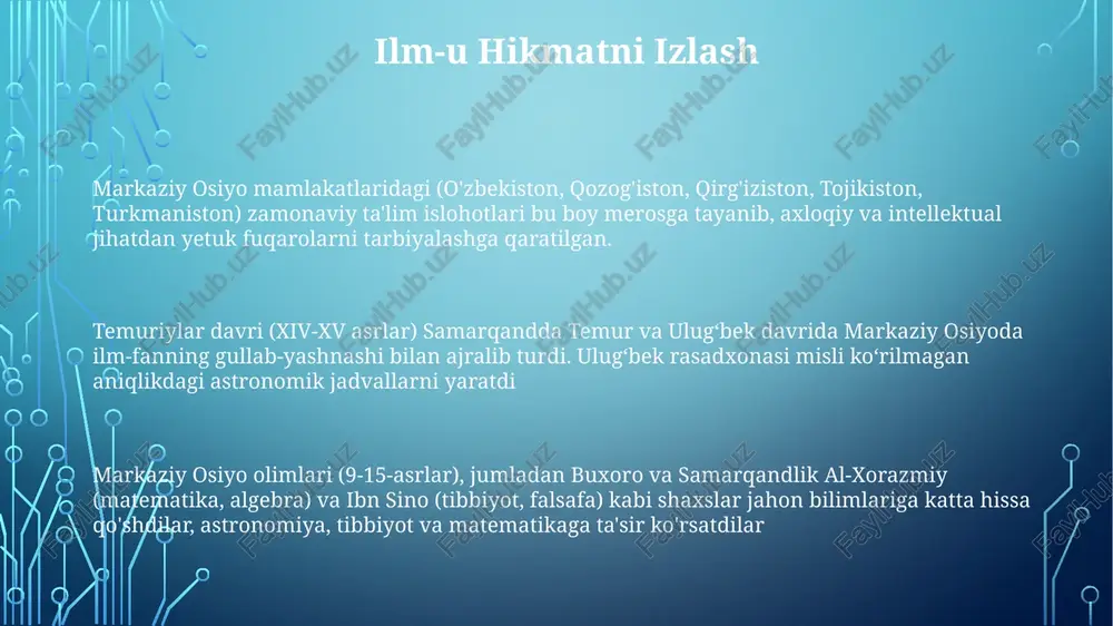 a, mantiq, kuzatish va hayot murakkabliklarini qadrlashning ahamiyatini ta'kidlab, axloqiy mulohaza yuritishga turtki bergan. ibn sino (980-1037), buxorolik, tibbiyot va falsafa sohasidagi kashshof; "tib qonuni" ko'p tillarga tarjima qilingan, shifokorlar orasida axloqiy xulqni targ'ib qilgan va jamiyat yaxshilanishi uchun bilim izlashni ta'kidlagan, avlodlarga ta'sir ko'rsatgan. al-xorazmiylik beruniy (973-1048), matematika, astronomiya va geografiyaga katta hissa qo'shdi; ko'p tillarga tarjima qilingan asarlari ilmiy qat'iyatlilik va intellektual halollikni singdirdi, bilim orqali axloqiy taraqqiyotni shakllantirdi. markaziy osiyo olimlarining ta'rifi markaziy osiyo olimlarining ilmiy merosi – ulugh beg (samarqandda astronomiya), biruniy (geografiya, tarix va fan), omar xayyom (matematika, astronomiya va she'riyat) kabi shaxslarni o'z ichiga olgan holda, keyingi avlodlar uchun intellektual qat'iyatlilik va axloqiy xulq-atvor namunalarini taqdim etdi markaziy osiyo ta'lim tizimlariga al-firobiy (falsafa va axloq), nasiruddin tusiy (astronomiya va falsafa) va rumiy (she'riyat va sufizm) kabi allomalar ilmiy yutuqlari va axloqiy tamoyillarini integratsiya qilish kerak markaziy osiyo olimlarining matematika (al-xorazmiyning algebrasi), astronomiya (samarqand rasadxonasi) …