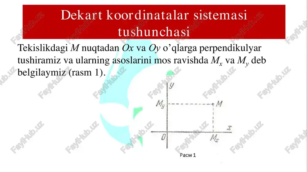 𝒙𝟐 𝒚𝟐 𝒙𝟑 𝒚𝟑 + ⋯ + 𝒙𝒏 𝒚𝒏 𝒙𝟏 𝒚𝟏 ushbu tenglamaga ax+by+c=0 toʻgʻri chiziqning umumiy tenglamasi deyiladi. a, b va c sonlar tenglamaning koeffitsentlari boʻlib, ular turli qiymatlarga teng boʻlganda turli toʻgʻri chiziqlar hosil boʻladi. xususiy hollari 1. a≠0, b≠0, c=0 boʻlsa, tenglama ax+by=0 koʻrinishni oladi. bunday toʻgʻri chiziqlar koordinata boshidan oʻtadi. 2. a=0, b≠0, c≠0 boʻlsa, tenglama by+c=0 koʻrinishni oladi. bunday toʻgʻri chiziqlar har bir nuqtaning ordinatasi bir xil boʻladi. bu esa toʻgʻri chiziqning ox (absitsa) oʻqiga parallel boʻlishini bildiradi. toʻgʻri chiziqning umumiy tenglamasi 3. a≠0, b=0, c≠0 boʻlsa, tenglama ax+c=0 koʻrinishni oladi. bunday toʻgʻri chiziqlar har bir nuqtaning absitsasi bir xil boʻladi. bu esa toʻgʻri chiziqning oy (ordinata) oʻqiga parallel boʻlishini bildiradi. 4. a≠0, b=0, c=0 boʻlsa, tenglama ax=0 ya’ni x=0 koʻrinishni oladi. demak toʻgʻri chiziqdagi har bir nuqtaning absitsasi nolga teng. bu ordinata oʻqini ifodalaydi. 5. a=0, b≠0, c=0 boʻlsa, tenglama ay=0 ya’ni y=0 koʻrinishni …