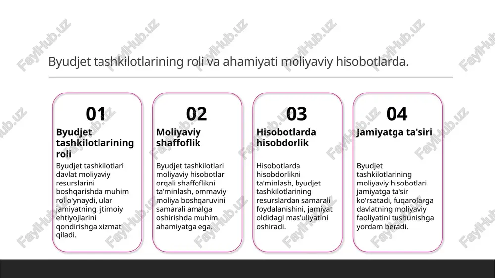 oshirish hisobotlar orqali byudjet tashkilotlari o'z faoliyatiga javobgarlikni oshiradi, bu esa fuqarolar va davlat o'rtasidagi ishonchni mustahkamlashga xizmat qiladi. 3 resurslarni samarali boshqarish moliyaviy hisobotlar resurslarni to'g'ri taqsimlash va boshqarish uchun zarur ma'lumotlarni taqdim etadi, bu esa samaradorlikni oshiradi. hisobotlarni tayyorlashda muhim bosqichlar va jarayonlar. hisobotlarni tayyorlash jarayoni bir necha muhim bosqichlarni o'z ichiga oladi: 1) ma'lumotlarni yig'ish va tahlil qilish; 2) moliyaviy hisoblarni tuzish; 3) hisobotlarni nazorat qilish va tasdiqlash. ushbu bosqichlar shaffoflik va javobgarlikni ta'minlaydi. moliyaviy hisobotlar uchun zaruriy ma'lumotlar yig'ish metodlari. ma'lumot manbalari moliyaviy hisobotlar uchun zaruriy ma'lumotlar davlat organlari, moliya muassasalari va iqtisodiy tahlilchilar tomonidan yig'iladi va tahlil qilinadi. hisobot jarayoni hisobot tayyorlash jarayoni ma'lumotlarni to'plash, tasdiqlash va tahlil qilishdan iborat. bu jarayon shaffoflikni ta'minlash uchun muhimdir. texnologik yondashuv zamonaviy texnologiyalar, masalan, erp tizimlari, ma'lumotlarni yig'ish va tahlil qilish jarayonlarini tezlashtirib, sifatini oshiradi va xatoliklarni kamaytiradi. hisobotlar tayyorlashda nazorat va tekshirish jarayoni. 01 nazorat jarayoni hisobotlar …