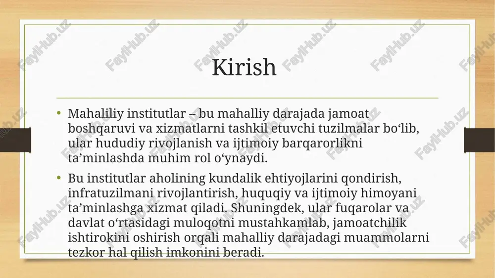 tmoqda – jamoat tashkilotlari va mahalliy tashabbuslarga ko‘proq e’tibor qaratilmoqda. muammolar mavjud – moliyaviy ta’minot yetishmovchiligi, byurokratik to‘siqlar va kadrlar malakasining pastligi ayrim hududlarda rivojlanishga to‘sqinlik qilmoqda. umuman olganda, mahalliy institutlar isloh qilinib, ularning samaradorligini oshirishga qaratilgan chora-tadbirlar ko‘rilmoqda. jahondagi ilg‘or tajribalar aqsh – mahalliy o‘z-o‘zini boshqaruv kuchli bo‘lib, shtatlar va shaharlarga keng vakolat berilgan. fuqarolar ham jamoat yig‘ilishlari orqali qaror qabul qilishda faol ishtirok etadi. germaniya – federal tizim asosida mahalliy boshqaruv ishlaydi. mahalliy institutlar o‘z byudjetiga ega bo‘lib, infratuzilma va ijtimoiy xizmatlar rivojlantiriladi. buyuk britaniya – mahalliy kengashlar aholi ehtiyojlarini qondirish uchun mustaqil qaror qabul qiladi, xususiy sektor bilan hamkorlik rivojlangan. yaponiya – mahalliy boshqaruv texnologik yondashuvga asoslangan, elektron xizmatlar keng joriy etilgan. shvetsiya – aholining jamoaviy ishtiroki yuqori bo‘lib, mahalliy byudjetlar shaffof taqsimlanadi va fuqarolar nazorati ostida bo‘ladi. bu tajribalar mahalliy institutlarni rivojlantirish va ularning samaradorligini oshirish uchun o‘rganishga arziydi. mahaliliy institutlarning rivojlanish istiqbollari raqamlashtirish – mahalliy …