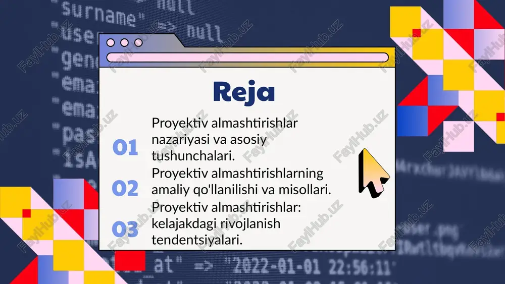 o'rsatiladi. tasvirni tahrirlashda esa, proyektiv almashtirishlar yordamida suratlarning ko'rinishini o'zgartirish va ularni yanada chiroyli qilish mumkin. kelajak istiqbollari proyektiv almashtirishlar nazariyasi kelajakda bir qator istiqbollarga ega. bular qatoriga yangi tadqiqotlar, matematik modellar va amaliyotdagi qo'llanilishlarni o'z ichiga oladi. o'zgarishlar, shuningdek, nazariyaning yangi yo'nalishlarini ochishga yordam beradi. 1. yangi tadqiqotlar: proyektiv almashtirishlar bo'yicha yangi nazariyalar va metodlar ishlab chiqilmoqda, bu esa bilimimizni kengaytiradi. 2. amaliyotdagi qo'llanilishlar: bu nazariya turli sohalarda, jumladan, iqtisodiyot, muhandislik va dizayn kabi sohalarda qo'llanilmoqda. 3. interdistsiplinar hamkorlik: proyektiv almashtirishlar nazariyasi boshqa fanlar bilan integratsiyalashishi kelajakda yangi imkoniyatlarni yaratadi. proyektiv almashtirishlar tushunchasi proyektiv almashtirishlar - bu bir ob'ektni boshqa bir ob'ektga almashtirish jarayoni. ular geometriya va matematikada keng qo'llaniladi. proyektiv almashtirishlar ob'ektlarning o'lchamlarini va joylashuvlarini o'zgartirmasdan, ularni yangi ko'rinishda taqdim etadi. ushbu jarayon orqali ob'ektlar ko'rsatmalar, burchaklar va boshqa geometrik xususiyatlar saqlanadi. proyektiv almashtirishlarning turlari proyektiv almashtirishlar bir nechta turga bo'linadi: to'liq proyektiv almashtirishlar, o'zgaruvchi proyektiv almashtirishlar va …