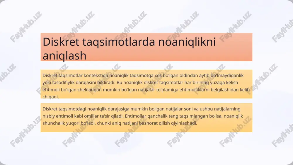 axborot nazariyasidagi asosiy tushuncha bo‘lib, qaror qabul qilishda ma’lumot berishi mumkin. optimal qarorlar taqsimotning entropiyasini hisoblash orqali biz kutilgan ma'lumot daromadini maksimal darajada oshiradigan va noaniqlikni minimallashtiradigan qarorni aniqlashimiz mumkin. risk va mukofot entropiya bizga ko'proq ma'lumotli va oqilona qarorlar qabul qilish imkonini beradigan turli xil tanlovlarning xavf-xatarlari va mukofotlarini o'lchashga yordam beradi. 8 entropiya va mashinani o'rganish model tayyorlash entropiya mashinani o'rganish modellariga eng ma'lumot beruvchi xususiyatlarni aniqlashga va yaxshiroq bashorat qilishga yordam beradi. klasterlash entropiyaga asoslangan algoritmlar o'xshash ma'lumotlar nuqtalarini bir joyga to'playdi, bu esa kuchli nazoratsiz o'rganish imkonini beradi. qaror qabul qilish entropiya qaror daraxtlarini qurishga rahbarlik qiladi, bu esa modellarga optimal tanlash imkonini beradi. neyron tarmoqlari entropiyani tartibga solish usullari chuqur neyron tarmoqlarni umumlashtirishni yaxshilaydi. 9 haqiqiy dunyo stsenariylarida entropiyani qo'llash tibbiy diagnostika entropiya tibbiy test natijalaridagi noaniqlikni aniqlashga yordam beradi, tibbiy yordam ko'rsatuvchi provayderlarga ko'proq ma'lumotli qarorlar qabul qilishga va bemorning natijalarini yaxshilashga yordam beradi. …