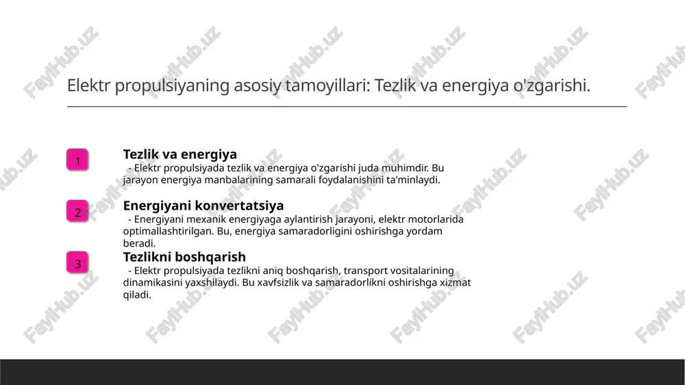 r qator dasturlari mavjud bo'lib, ular ekologik barqarorlikni ta'minlashga qaratilgan. barqaror transportda elektr propulsiyaning roli va ahamiyati. 1 elektr propulsiyaning afzalliklari elektr propulsiya tizimlari, energiya samaradorligini oshiradi va emissiyalarni kamaytiradi, bu esa barqaror transportning asosiy maqsadi hisoblanadi. 2 o'zbekistonda elektr transport o'zbekistonda elektr transport vositalari rivojlanmoqda, bu esa iqtisodiy o'sish va ekologik nazoratni ta'minlashda muhim rol o'ynaydi. 3 kelajak istiqbollari elektr propulsiyaning kelajagi, innovatsion texnologiyalar va yangi energiya manbalarini rivojlantirish orqali barqaror transportni yanada yaxshilash imkoniyatini taqdim etadi. elektr transport vositalaridagi ilg'or texnologiyalar tahlili. elektr transport vositalaridagi ilg'or texnologiyalar, energiya samaradorligini oshirish va atrof-muhitga ta'sirni kamaytirish uchun muhimdir. ushbu texnologiyalar quyidagilarni o'z ichiga oladi: yuqori samarali akkumulyatorlar, elektromotorlar va tez zaryadlash tizimlari. elektr transportning rivojlanishi, shuningdek, davlat va xususiy sektordagi innovatsiyalarni talab qiladi. photo by andrew roberts on unsplash o'zbekistonda barqaror transport uchun innovatsion yechimlar. 1 elektr transport vositalari - o'zbekistonda elektr transport vositalarining rivojlanishi, shahar transportida elektr avtobuslar va …
