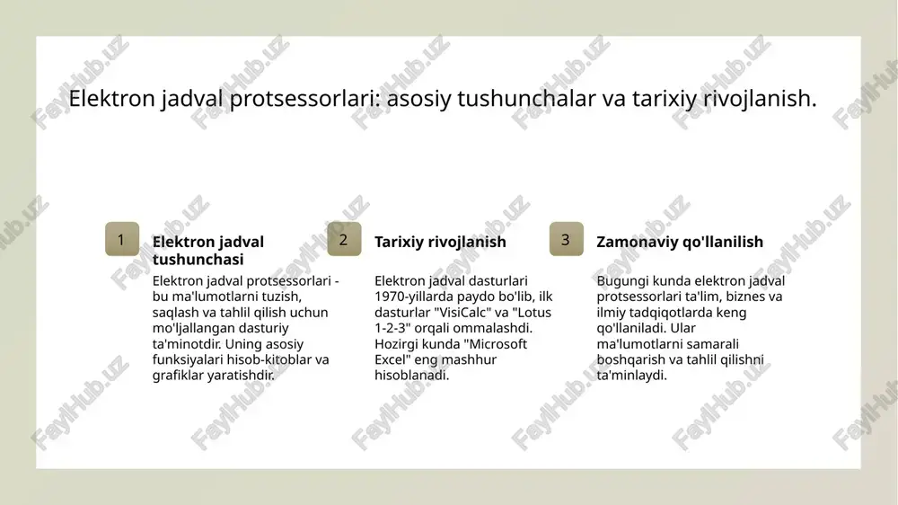 ishda muhim rol o'ynaydi. 2 ma'lumotlarni tahlil qilish bu dasturlar katta hajmdagi ma'lumotlarni tahlil qilish imkoniyatini taqdim etadi, bu esa biznes qarorlarini qabul qilishda aniq ko'rinish yaratadi. 3 samaradorlikni oshirish elektron jadval protsessorlari jarayonlarni avtomatlashtirish orqali ish samaradorligini oshirib, vaqtni tejash va xatoliklarni kamaytirishga yordam beradi. 4 ta'lim va trening ko'plab kompaniyalar elektron jadval dasturlarini xodimlarni o'qitish va malakalarini oshirish uchun foydalanadilar, bu esa ularning professional rivojlanishini qo'llab-quvvatlaydi. elektron jadval protsessorlarining ma'lumotlarni boshqarishdagi roli. 1 ma'lumotlar bazasi - elektron jadval protsessorlari ma'lumotlar bazasi sifatida ishlaydi, turli formatlarda ma'lumotlarni saqlab, tezkor kirishni ta'minlaydi. bu esa foydalanuvchilarga samarali boshqarish imkonini beradi. 2 avtomatik hisob-kitoblar - elektron jadval dasturlari avtomatik hisob-kitoblar imkoniyatini taqdim etadi, bu esa murakkab formulalar yordamida ma'lumotlar ustida tez va aniq tahlil o'tkazishga yordam beradi. 3 ma'lumotlarni taqsimlash - ushbu dasturlar ma'lumotlarni turli foydalanuvchilar o'rtasida oson taqsimlash imkonini beradi. bu, jamoaviy ish uchun muhimdir, ayniqsa loyiha boshqarishda. 4 xatoliklarni kamaytirish …