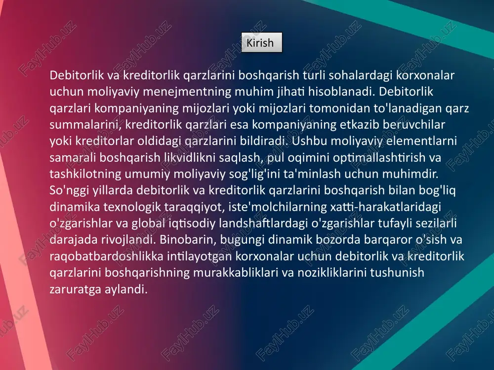 ri; “debitorlik va kreditorlik qarzlar haqida ma’lumotnoma”dan; buxgalteriya hisobining debitorlik va kreditorlik qarzlarini aks ettiruvchi tegishli schyot ma’lumotlari. debitorlik va kreditorlik majburiyatlari bevosita korxona bilan qarshi tamon o’rtasidagi o’zaro hisob kitoblarda kelib chiqadigan majburiyatlardir. bu majburiyatlar korxona bilan mol beruvchilar yoki xaridorlar o’rtasidagi munosabatlarda, bilan bank tashkilotlar o’rtasida, korxona bilan soliq yetkazib korxona organlari o’rtasidagi, korxona bilan ijtimoiy taminot bo’limlari va turli jamoat tashkilotlari, shuningdek, xodimlar, mulk egalari, aksionerlar va investorlar bilan bo’ladigan munosabatlarda yuzaga keladi. ularning yuzaga kelishining asosiy sababi hisob kitoblarda vaqtning o’zgaruvchanligidir. ya’ni bugun ortilgan mahsulot ham puli to’langunga qadar debitorlik va kreditorlik majburiyatlar qatoriga kiritiladi. bunda daromad va xarajatlarning yuzaga chiqishi bilan ular bo’yicha hisob kitoblarning amalga oshishi orasida farqlanish kelib chiqadi. debitorlik va kreditorlik majburiyatlarining yuzaga kelishi bo’yicha quyidagi sabab qatorlarini tarkiblash mumkin: o’zaro hisob kitoblarda tomonlarning to’lov lag’qatiga ega emasligi; tovarlarni ortib jo’natish va sotishda hisob kitoblarning zamonaviy shakllarining cheklanganligi; mulk va unga egalik …