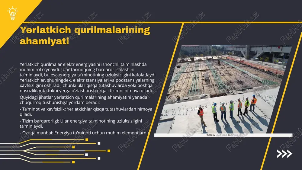 uradi. zamonaviy texnologiyalar, masalan, avtomatik nazorat tizimlari va yangi materiallar, yerlatkich qurilmalarining samaradorligini yanada oshirishga yordam bermoqda. ushbu innovatsiyalar energiya iste'molining kamayishi va ishlab chiqarish jarayonlarining optimallashtirilishiga olib kelmoqda. kelajak va rivojlanish imkoniyatlari yerlatkich qurilmalari elektr stansiyalari va podstansiyalarda muhim rol o‘ynaydi. ular elektr tizimlarining xavfsizligini ta'minlaydi va ishlash samaradorligini oshiradi. innovatsion texnologiyalar yordamida yerlatkich qurilmalarining hisoblash usullari yangilanmoqda, bu esa ish jarayonini yaxshilaydi. barqaror rivojlanish nuqtai nazaridan, yerlatkich qurilmalari ekologik muvozanatni saqlashda yordam beradi. ular yerga o‘tkazish orqali, zaruriy energiya xavfsizligini ta'minlaydi va atrof-muhitga salbiy ta'sirni kamaytiradi. energiya samaradorligini oshirish uchun yangi usullar va dasturlar ishlab chiqilmoqda. masalan, zamonaviy yerlatkich tizimlari yordamida energiya yo‘qotishlarini kamaytirish mumkin. bunday yondashuvlar energiya xarajatlarini kamaytiradi va umumiy samaradorlikni oshiradi. photo by scott blake on unsplash hisoblash usullari elektr stansiya va podstansiyalarning yerlatkich qurilmasini hisoblashda bir necha asosiy usullar mavjud. bularga matematik hisob-kitoblar, simulyatsiya modellarini qo'llash va tajriba asosidagi usullar kiradi. matematik hisob-kitoblar o'zgaruvchan …