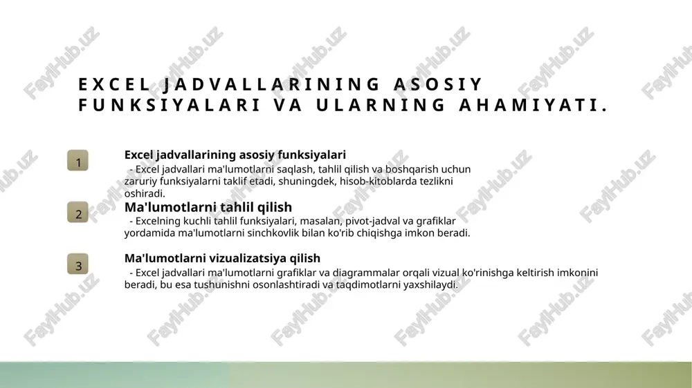 taqdim etish mumkin. bu, murakkab ma'lumotlarni soddalashtiradi. shartli formatlash shartli formatlash funksiyasi orqali ma'lumotlarni ko'rsatish uchun ranglar va formatlar qo'llaniladi. bu, muhim ma'lumotlarni tezda ajratib ko'rsatadi. excel dasturida grafiklar va diagrammalar yaratish imkoniyatlari. excel dasturida grafiklar va diagrammalar yaratish imkoniyatlari orqali ma'lumotlarni vizual ravishda ifodalash mumkin. bu jarayon, ma'lumotlar tahlilini osonlashtiradi va natijalarni tushunarli qilib ko'rsatadi. misollar: - diagrammalar yordamida statistik ma'lumotlarni taqdim etish; - grafiklar bilan vaqt o'zgarishini ko'rsatish. photo by shubham dhage on unsplash ta'lim jarayonida excelni qo'llash: interaktiv o'qitish yondashuvlari. 01 excelning afzalliklari excel dasturi talabalar uchun interaktiv o'qitish jarayonini yanada samarali qiladi, ma'lumotlarni tez va qulay tarzda boshqarishga yordam beradi. 02 o'qitishda amaliyot talabalarga excelda reaktiv vazifalar berish, o'quv jarayonida amaliyot o'tkazish imkonini beradi, bu esa nazariy bilimlarni mustahkamlaydi. 03 ma'lumotlarni tahlil qilish excel yordamida talabalar ma'lumotlarni tahlil qilishni o'rganadilar, bu esa ularning analitik fikrlash qobiliyatini rivojlantiradi va real hayotdagi muammolarni hal qilishga tayyorlaydi. 04 interaktiv …