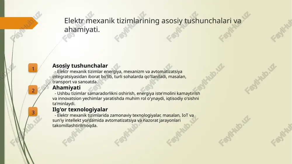 tizimlar: qurilmalar va ularning roli. qurilmalar turlari qurilmalar roli amaliy misollar elektr mexanik tizimlarida motorlar, generatorlar, sensorlar va aktuatorlar kabi turli qurilmalar mavjud bo'lib, ularning har biri o'ziga xos vazifalarni bajaradi. qurilmalar, energiyani mexanik harakatga aylantirish yoki aksincha, tizimning samaradorligini oshirishda muhim rol o'ynaydi, bu esa innovatsion texnologiyalarni talab qiladi. masalan, avtomatlashtirilgan ishlab chiqarish liniyalarida sensorlar va aktuatorlar, jarayonlarni boshqarishda va sifatni ta'minlashda muhim ahamiyatga ega. qurilmalar komponentlari: turlar va ularning ishlash prinsipi. qurilma komponentlari elektr mexanik tizimlarining asosi hisoblanadi. ular turli xil vazifalarni bajaradi, masalan: elektr energiyasini mexanik energiyaga aylantirish yoki aksincha. komponentlar, masalan, motorlar, transformatorlar va sensorlar, tizimning samaradorligini oshiradi. har bir komponentning o'ziga xos ishlash prinsipi mavjud. qurilmalar va komponentlar o'rtasidagi integratsiya jarayoni. qurilmalar va komponentlar qurilmalar va komponentlar o'rtasidagi integratsiya, tizimning samaradorligini oshirish uchun zaruriydir. ularning birgalikda ishlashi ko'plab innovatsiyalarni ta'minlaydi. integratsiya jarayoni integratsiya jarayoni, qurilmalar va komponentlar o'rtasida ma'lumotlar, energiya va resurslarni almashish imkonini beradi, …