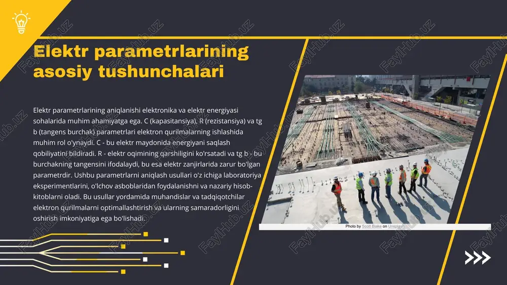 aniladi. bu esa o'lchovning aniqligini oshiradi. ikkinchidan, elektr parametrlarining o'zgarishi energiya samaradorligi va qayta tiklanadigan energiya manbalarini qo'llash bilan bog'liq. shu bilan birga, amaliy tadqiqotlar orqali yangi materiallar va usullar ishlab chiqiladi, bu esa elektr tizimlarining samaradorligini oshirishga yordam beradi. bularning barchasi kelajakda elektr parametrlarining rivojlanishiga asos bo'ladi. photo by joe holland on unsplash o'lchov usullari: c, r va tg b aniqlash o'lchov usullari elektr parametrlarini aniqlashda muhim rol o'ynaydi. c (kapasitansiya) ni o'lchash uchun, lcr meterlar yoki kapasitansiya o'lchov asboblari qo'llaniladi. r (rezistansiya) ni aniqlashda, ohmmetrlar yoki multimetrlardan foydalanish mumkin. tg b (qaytish koeffitsienti) ni o'lchash uchun, rf o'lchov asboblari yoki oscilloskoplar yordamida o'lchovlar amalga oshiriladi. har bir usul o'ziga xos xususiyatlarga ega bo'lib, o'lchov natijalari energiya tizimlarining samaradorligini baholashda muhim ahamiyatga ega. photo by scott blake on unsplash kapasitans (c) o'lchash usullari kapasitansni o'lchash uchun bir nechta usullar mavjud. eng keng tarqalgan usullardan biri analog o'lchov uskunalaridan foydalanishdir. …