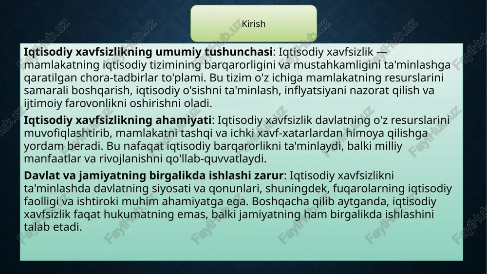 ning kam bo'lishi yoki atrof-muhitni himoya qilish kabi sabablarga ko'ra amalga oshiriladi. bu, masalan, ekologik cheklovlar, yoki zaruriy resurslarni himoya qilish maqsadida amalga oshirilishi mumkin. dolzarb iqtisodiy siyosatlar: innovatsiyalarni qo'llab-quvvatlash: yangi texnologiyalarni rivojlantirish va joriy etish, sanoatni modernizatsiya qilish, ilmiy tadqiqotlar va innovatsion startaplarni rag'batlantirish orqali iqtisodiy o'sish va raqobatbardoshlikni oshirish. yangi ishlab chiqarish tarmoqlarini rivojlantirish: diversifikatsiya strategiyasi orqali iqtisodiy tuzilmani kengaytirish, yangi tarmoqlarni rivojlantirish va resurslarni samarali taqsimlash. misol uchun, avtomobil sanoati yoki yuqori texnologiyalar sohasiga yangi investitsiyalar kiritish. regulyator organlari: markaziy bank: pul-kredit siyosatini boshqarish, foiz stavkalarini belgilash, inflyatsiyani nazorat qilish va moliyaviy barqarorlikni saqlashda muhim rol o'ynaydi. markaziy bankning siyosatlari bozorni tartibga solishda va iqtisodiy barqarorlikni ta'minlashda asosan yordam beradi. boshqa regulyator organlari: soliq xizmati, anti-monopolya komissiyasi, bozorni tartibga soluvchi davlat organlari. bu organlar bozorni nazorat qilish, soliq yig'ish va monopoliyalarni oldini olishda faol ishtirok etadi. investitsiyalarni rag'batlantirish: xalqaro va ichki investitsiyalarni jalb qilish. iqtisodiy resurslarning barqaror …