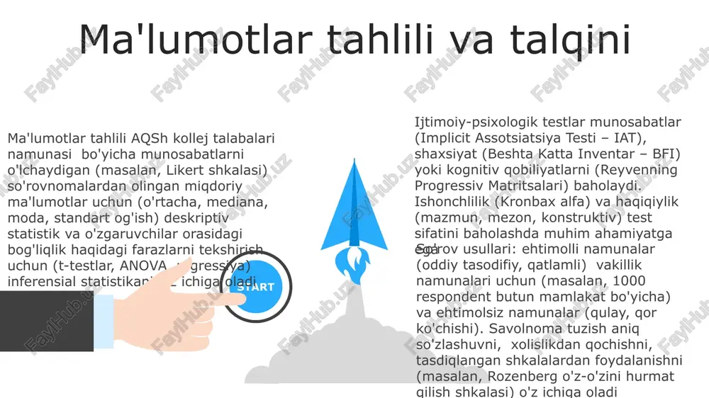 hlar va tematik xaritalar yordamida taqdim etilgan natijalar. chikagodagi 150 kishidan olingan so'rov natijalari (spss yordamida tahlil qilingan) ijtimoiy tarmoqlardan foydalanish va o'z-o'zini baholash ballari (rozenberg o'z-o'zini baholash shkalasi) o'rtasida 18-25 yoshdagi yoshlar orasida sezilarli (p< ma'lumot yig'ish usullari so'rovnomalar (onlayn, qog'oz, telefon): liker shkalasi (1-5 rozilik), semantik differentsial shkalasi (masalan, yaxshi-yomon, 1-7), ko'p tanlovli, ochiq savollar; namunalarni tanlash usullari (tasodifiy, qatlamli, qulay); javob berish darajasi, geografik joylashuv (masalan, aqsh, buyuk britaniya, qishloq va shahar hududlari). ijtimoiy-psixologik testlar: standartlashtirilgan testlar (masalan, big five inventarizatsiyasi, stenford qamoqxona tajribasi, milgramning itoatkorlik tadqiqoti); ballar (masalan, o'rtacha, mediana, standart chetlanish); statistik tahlil (t-testlar, anova, regressiya tahlili); axloqiy jihatlar (xabar berish, tushuntirish). tadqiqotdagi axloqiy jihatlar so'rovnoma dizayni axloqiy jihatlarga ta'sir qiladi: yetaklovchi savollar, tarafkash namunalar (masalan, javob bermaslik tarafkashligi) va savol tartibi ta'siri (boshlang'ich) ishonchlilik va ishtirokchilar farovonligiga tahdid soladi. ma'lumotlarni himoya qilish (gdpr, ccpaga muvofiqlik) xavfsiz saqlash va ma'lumotlardan mas'uliyatli foydalanishni talab qiladi axborotli …