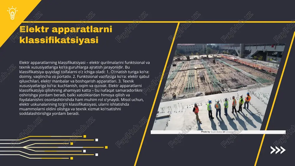 lassifikatsiyasi bo'yicha turli xil uskunalar va ularning asosiy xususiyatlari quyidagilardir: - **energiya ishlab chiqaruvchi uskunalar:** - **transformatorlar:** elektr energiyasini uzatishda kuch va voltajni o'zgartirish uchun ishlatiladi. - **generatorlar:** mexanik energiyani elektr energiyasiga aylantiradi. - **inverters:** dc (to'g'ri tok) ni ac (almashinish tok) ga aylantirishda foydalaniladi. - **ma'lumot uskunalari:** - **sensorlar:** atrof-muhit ma'lumotlarini yig'ish uchun ishlatiladi. - **kompyuterlar:** ma'lumotni qayta ishlash va saqlash uchun asosiy vosita. - **serverlar:** tarmoq orqali ma'lumotlarni saqlash va tarqatish uchun xizmat qiladi. har bir uskunaning o'ziga xos xususiyatlari mavjud bo'lib, ular samarali ishlashini ta'minlaydi. uskunalar turlari va ularning xususiyatlari elektr apparatlarining samarali ishlashini ta'minlashda muhim rol o'ynaydi. klassifikatsiya ahamiyati elektr apparatlarning klassifikatsiyasi amaliy jihatdan juda muhimdir. bu klassifikatsiya yordamida turli xil apparatlar bir-biridan ajratilib, ularning xususiyatlari va ishlash imkoniyatlari aniq ko'rsatiladi. shuningdek, klassifikatsiya apparatlarning samarali ishlashini ta'minlash, ularni foydalanish va ta'mirlash jarayonlarini soddalashtirishda yordam beradi. kelajakda esa, yangi texnologiyalar va innovatsiyalar bilan bog'liq ravishda klassifikatsiya tizimlari …