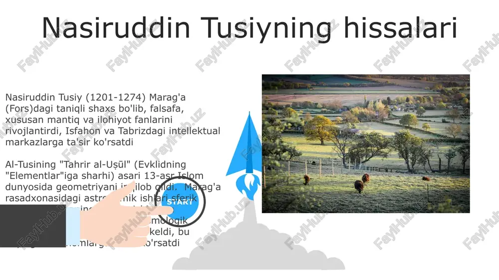 , adolat), vohu manaha (yaxshi niyat) va dharma (kosmik tartib)ni taʼkidlagan 8-15-asrlar orasida forsda islomiy falsafa yunon falsafasini islomiy teologiyalar bilan birlashtirib, katta taraqqiyotga erishdi. buxorodan ibn sino va farobiy kabi mutafakkirlar aql-idrok fazilatini, amaliy donolikni va odobni (odob-axloqni takomillashtirish) ta'kidlagan murakkab axloqiy tizimlarni yaratdilar 06 05 04 erta fors mistitsizmi 01 02 erta forsiy mistitsizmi (vii-ix asrlar) al-hallōj (bag'dodda qatl etilgan, 858-911) kabi shaxslarning ko'tarilishini ko'rdi, uning sufizmi ilohiy bilan bevosita tajribani ta'kidlab, skolastik yondashuvlarga qarama-qarshi edi. asosiy matnlar bayozid bastomiy (v 9-13-asrlar davomida gullab-yashnagan fors falsafasi, buxoro va isfahondagi ibn sino (980-1037) aristotel mantig'ini islom teologiasi bilan uyg'unlashtirib, o'rta asr yevropa fikriga ta'sir ko'rsatdi. uning "tib qonuni" asosiy ahamiyatga ega edi e'tiboringiz uchun rahmat @taqdimot_robot image5.jpg image6.jpg image7.jpg image8.jpg image9.jpg image10.jpg image11.jpg image12.jpg image13.jpg image14.jpg image15.jpg image1.jpeg image2.jpeg image3.jpeg image4.jpeg