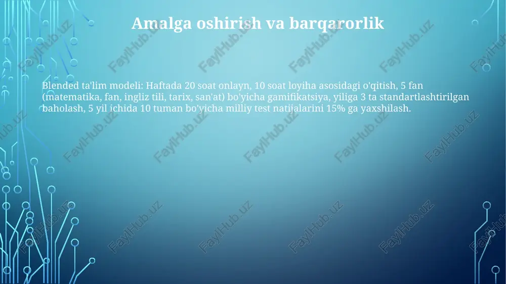 lan, bloomington, indiana maktablaridagi loyiha asosidagi o'rganishga), turli resurslardan (100 dan ortiq raqamli vositalar, 50 ga yaqin bosma materiallar) foydalanishga va tanqidiy fikrlash ko'nikmalari hamda bilimlarni shakllantirishga urg'u beradi. austin, texasdagi 7 boshlang'ich maktabda shaxsiylashtirilgan o'quv rejalarini qo'llab, turli o'quv uslublariga (vizual, auditoriy, kinestetik) moslashtirilgan 5 xil ta'lim metodi orqali 150 dan ortiq o'quvchining ehtiyojlarini qondirish va individual akademik yutuqlarini oshirish. e'tiboringiz uchun rahmat @taqdimot_robot image1.png image2.png image3.png image4.png image5.png