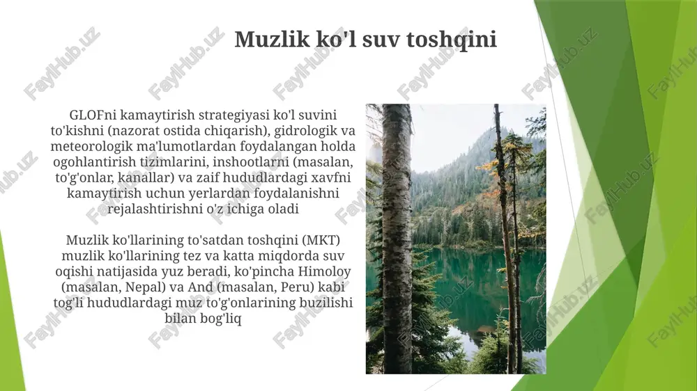 anish (yog'ingarchilik erishdan ortiq bo'lish), siqilish (qor firnga, so'ngra muzga aylanish) va harakatlanish (muz o'z og'irligi ostida pastga siljish, tezligi qiyalik va muz qalinligiga qarab metr/yildan kilometr/yilgacha)ni o'z ichiga oladi muzlik eroziyasi abrazion (muzga tiqilgan tosh boʻlaklari togʻ jinslarini tirnash, masalan, yosemite vodiysining u shaklidagi profili) va yulish (muz togʻ jinslariga muzlab, soʻngra yorilib koʻtarilishi, alp togʻlarining tishli choʻqqilarida koʻrinadi) kabi jarayonlar orqali landshaftlarni shakllantiradi muzlik hosil bo'lishi muzlik eroziyasi abraziv (muzga singan tosh bo'laklari tog' jinslarini tirnaydi) va yulish (muz tog' jinslariga muzlaydi, bo'laklarni ko'taradi va tashiydi) orqali landshaftlarni shakllantiradi muzliklar yuqori balandlik/kenglikdagi hududlarda (masalan, grenlandiya, antarktida) qor to'planishi erishiga ustun kelganda hosil bo'ladi. siqilish qorni firnga, keyin esa rekristallanish orqali muzlik muzig'iga (muz zichligi 50% dan ortiq) aylantiradi e'tiboringiz uchun rahmat @taqdimot_robot image1.jpg image2.jpg image3.jpg image4.jpg image5.jpg image6.jpg image7.jpg image8.jpg image9.jpg image10.jpg image11.jpg image12.jpg