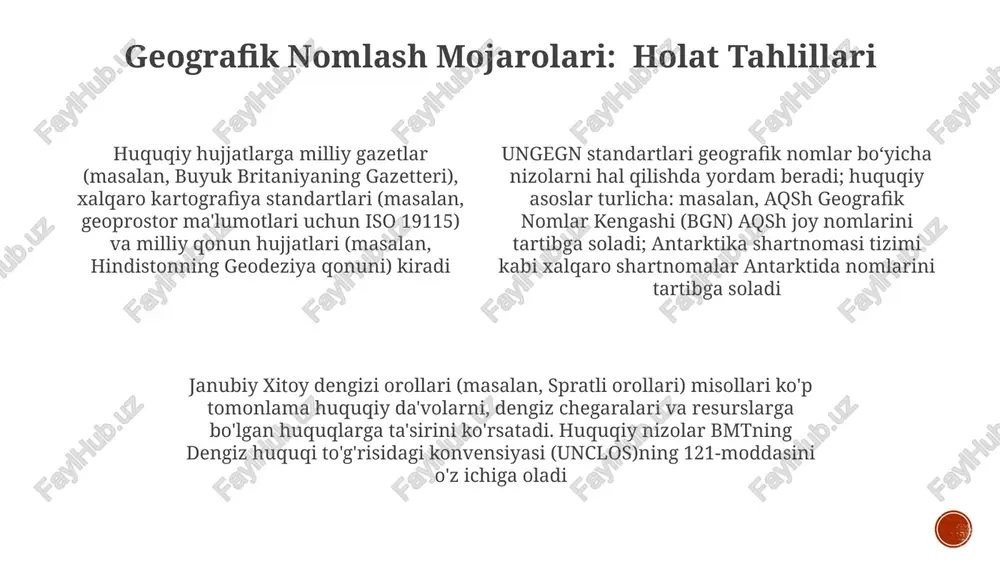 uqiy ramkalar juda xilma-xil; ba'zilari markazlashgan (masalan, kanadaning geografik nomlar kengashi), boshqalari esa markazlashmagan (masalan, avstraliyaning shtat/hududlarga bo'lingan yondashuvi), bu 195 dan ortiq mamlakatdagi tog'lar, daryolar (masalan, amazon daryosi havzasi) va ko'chalarning nomlanishiga ta'sir qiladi. texnologiyaning geografik nomlashga ta'siri raqamli xarita platformalari (google maps, openstreetmap) va ma'lumotlar bazalari (masalan, geonames) jamoatchilik tomonidan geografik nomlash imkonini beradi, bu milliy xaritalash agentliklari (masalan, buyuk britaniyadagi ordnance survey) yoki xalqaro tashkilotlar (masalan, iho) tomonidan o'rnatilgan an'anaviy yuqoridan pastga bo'lgan yondashuvlarga qarshi chiqadi texnologiya vositalarining aniqligi oshishi (lidar, 3d modellashtirish) kichik geografik ob'ektlar (masalan, alohida binolar, nyu-yorkdagi ko'chalarning segmentlari) uchun batafsil va standartlashtirilgan nomlash tizimlarini talab qiladi, bu esa mulk huquqlariga, favqulodda xizmatlarga (911 tizimlari) va shaharsozlik qoidalariga ta'sir qiladi. milliy geografiyaning nomlash konvensiyalari amaldagi qo'llanma qat'iy ma'lumotlar yig'ishni (masalan, so'rovnomalar, masofaviy zondlash), mutaxassislar bilan maslahatlashishni (geograflar, tilshunoslar, mahalliy jamoalar) va qonun hujjatlariga rioya qilishni (masalan, dengiz chegaralari uchun unclos) o'z ichiga oladi jahon …