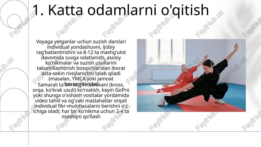 havuzda chiziqlar yaqinida to'g'ri tanani joylashtirish va tempni mashq qilish. 10. bolalarni o'qitish shaxsiy darslar: individual ta'lim, shaxsiy e'tibor va tezroq malaka oshirishni ta'minlaydi. optimal yutuq uchun 30 daqiqalik mashg'ulotlar (haftasiga 2 ta) ni maqsad qiling. individual ehtiyojlar va xavotirlarga e'tibor qarating o'yin orqali o'rganish: "marco polo", "xazinani topish", "lohsa tut" kabi o'yinlarni (20, 15 va 10 minut) 25 metrli basseynlarda qo'llang. mukofot tizimi (stikerlar, kichik sovg'alar) motivatsiyani oshiradi. 25x10 metrlik maydonda 4-7 boladan iborat guruhlarda mashg'ulot o'tkazing 11.asosiy zarbalar ko'krak usuli: qo'l harakatlari (tashqariga siljitish, ichkariga tortish, tiklash), oyoq harakati (qurbaqa usuli, bir vaqtda), tana holati (gorizontal, silliqlashgan), nafas olish texnikasi (boshni ko'tarish va nafas olish) orqa usulda suzish: qo'l harakatlari (suv ustida qaytarish, suv ostida tortish), oyoq harakati (qamchi zarbasi), tana holati (gorizontal, oqimga mos), nafas olish texnikasi (uzluksiz, ritmik), bosh holati (ko'zlar yuqoriga qaragan) 12.suv xavfsizligi kirish samarali suzish mashg'ulotlari 5 asosiy usulni (kross, orqa, ko'krak, kapalak, …
