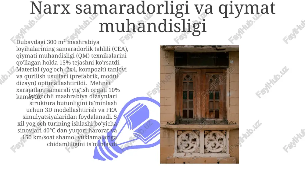 (transport emissiyasini 40% ga kamaytirish) va maskatda 50 nafar malakali hunarmandni ish bilan ta'minlash mintaqaviy iqtisodiy o'sishga hissa qo'shadi. mashrabiya dizaynining kelajagi ishonchli mashrabiya mahalliy materiallardan (masalan, janubi-sharqiy osiyoda qayta ishlangan tek, xitoyda bambuk) foydalangan holda, barqaror va yuqori samarali dizaynlarga e'tibor qaratadi mashrabiyaning kelajagi 3d-bosma texnologiyalarini (sls va sla kabi) murakkab, moslashtiriladigan dizaynlarni turli materiallardan (yog'och, qayta ishlangan plastmassa, beton) jahon bozorlarida (baa, marokko, ispaniya) qo'llashga bog'liq. ishlab chiqarish samaradorligini oshiradi va xarajatlarni kamaytiradi, yangi me'moriy qo'llanmalarni ochadi. qurilish texnologiyalari va innovatsiyalar ishlanishi ishonchli mashrabiya dizayni: mustahkam yog'och tanlash (masalan, qayta ishlangan qattiq yog'ochlar), optimal biriktirishlar (bosim nuqtalarini kamaytirish) va himoya qoplamalari (masalan, uvga chidamli lak) orqali 50 yildan ortiq umr ko'rishni ta'minlash. zamonaviy fea (chekli elementlar analizi) modellashtiruvi konstruktiv ishlashni yaxshilaydi mashrabiya qurilishi: an'anaviy usullar murakkab yog'och bog'lash (masalan, tiqish va tirqish) dan foydalanadi, ko'pincha janubi-sharqiy osiyodan keltirilgan sedr yoki tek yog'ochlari misr, suriy va yaman kabi hududlarda …