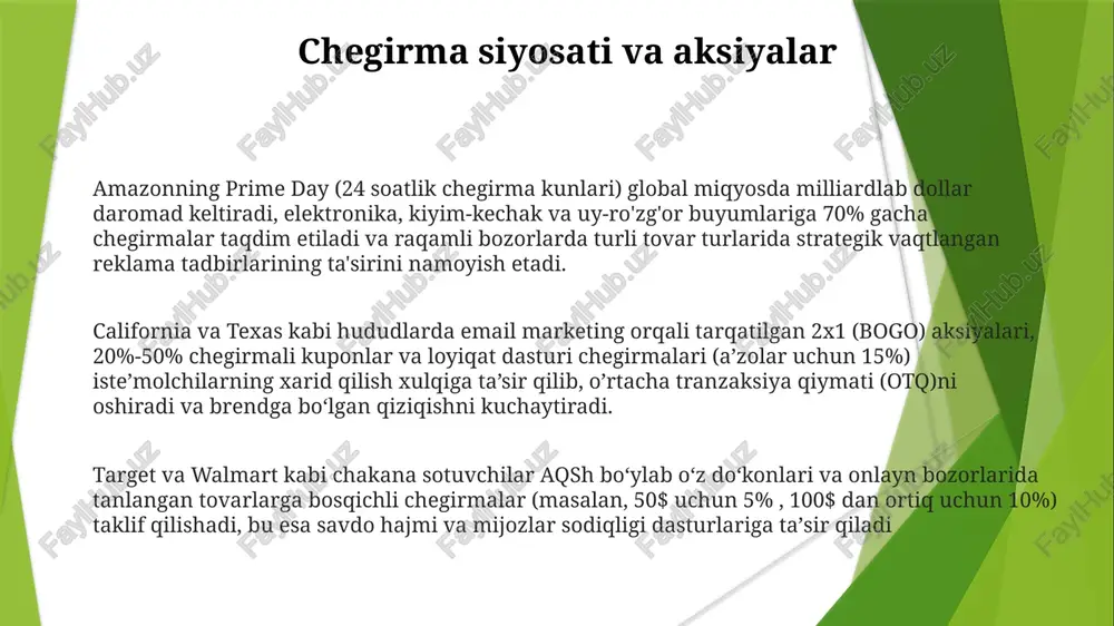 ijozlar bilan o'zaro munosabatlarga va daromad olishga ta'sir qiluvchi protseduralarni (masalan, 30 kunlik to'lov muddati, ommaviy buyurtmalar uchun 10% chegirma) belgilaydi sotish maqsadlari va kvotalari apac hududidagi sotuvchilar oyiga 500 ming dollar daromadga erishishga harakat qilishadi; g'arbiy yevropa jamoasi 1000 dan ortiq yangi mijozlarni jalb qilib, kvotasini 25% oshirishga intiladi; barcha sotuvchilar bonus olish uchun kvotasini 80% bajarishi shart. shartnoma muzokaralari va boshqaruvi marketingdagi savdo siyosati: 5 million dollarlik daromadga (2024 yil 4-choragigacha) erishishni o'z ichiga olgan kuchli savdo siyosati. qaytish va tovon puli siyosati sotish siyosati aksiyalar davrlarini (qora juma, kiber dushanba), chegirmalar foizini (10%, 25%, 50%), va imkoniyatlarni (maxsus mahsulotlar, geografik joylashuv - kaliforniya, texas) belgilaydi. minimal xarid miqdori ($25, $50) bepul yetkazib berishni ta'minlaydi. kupon kodlari (summer20, fall10) narxga ta'sir qiladi. qaytarish usullari (kredit karta, paypal) va qayta ishlash vaqtlari (3-5 ish kuni, 7-10 ish kuni) farq qiladi. onlayn bozorlardan (ebay, alibaba) yetkazib berilmagan taqdirda, xaridor himoyasi …