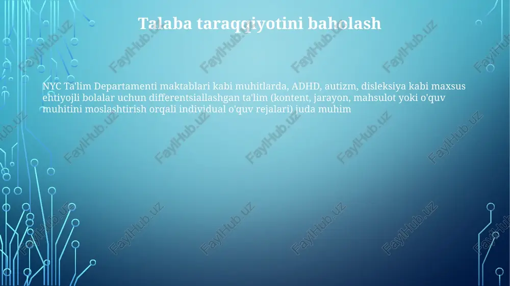 ga ijobiy ta'sir ko'rsatadi (kaliforniya universiteti tadqiqotiga ko'ra, o'qish baholari 20% ga oshgan). differensiallashtirilgan ta'lim, individual ta'lim dasturlari (iet) va 504 rejalaridan foydalanib, inklyuziv muhitlarda (masalan, chikagodagi boshlang'ich maktablarning resurs xonalari) turli o'quv ehtiyojlarini (masalan, autizm spektr buzilishi, adhd) qondiradi va o'quvchilarning faolligini oshiradi (30% oshdi; milliy o'qish qiyinchiliklari markazining tadqiqoti). xulq-atvor muammolari maxsus ehtiyojli o'quvchilar uchun integratsiyalashgan ta'lim inklyuziv muhitda (masalan, nyu-york shahri maktablari oddiy sinflarida, hamkorlikdagi o'qitish modellari) maxsus ta'lim o'qituvchilari, umumta'lim o'qituvchilari, ota-onalar va terapevtlar (kasb-hunar, nutq, jismoniy) o'rtasidagi hamkorlikni o'z ichiga oladi o'quv rejasini moslashtirish va o'zgartirish londondagi inklyuziv sinf xonalar va maxsus ta'lim maktablari kabi turli muhitlarda autizm spektr buzilishi, adhd kabi turli o'quv ehtiyojlariga moslashtirilgan individual o'quv dasturlari (iep) yaratish zarur. bu esa, turli temp, materiallar va mashg'ulotlardan foydalangan holda differentsiallashgan o'qitish strategiyasini talab qiladi. sidney, avstraliyadagi umumta'lim sinflarida turli o'quv uslubi va ehtiyojlariga ega (masalan, vizual, auditoriya, kinestetik o'quvchilar) o'quvchilarni qo'llab-quvvatlashda kirish mumkin …
