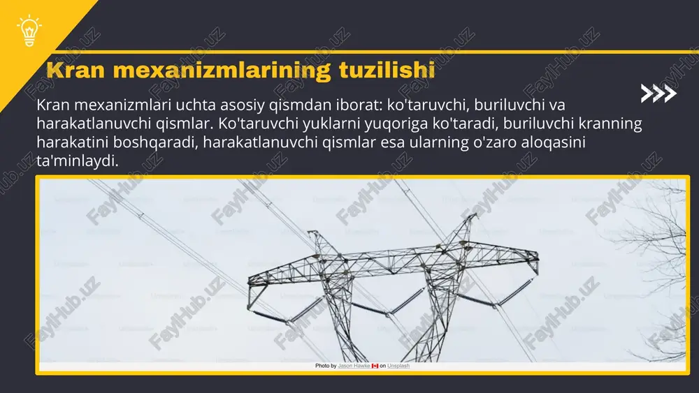 ablar: mustahkamlik, ishonchlilik, uzluksizlik. - standartlar ishlab chiqaruvchilar va iste'molchilar o'rtasida kelishuvdir. ular asosida mahsulotlarning sifatini va xavfsizligini baholash jarayoni amalga oshiriladi. standartlarga muvofiq bo'lmagan mahsulotlar shartnoma asosida qabul qilinmaydi. kran mexanizmlarida impuls-kalitli boshqarriluvchi tizimlar - impuls-kalitli boshqarriluvchi tizimlarining asosiy tushunchalari: bu tizimlar yuqori aniqlik va tezkor javob berish imkonini beradi. - kran mexanizmlarida qo'llanilishi: bu tizimlar yuklarni boshqarish va harakatlantirishda keng qo'llaniladi. - tizimning afzalliklari: resurslardan samarali foydalanish, tezlik. - kamchiliklari: murakkablik, texnik xizmat ko'rsatish zaruriyati. photo by anton dmitriev on unsplash baholash jarayoni quyidagi bosqichlardan iborat: 1. talablarni tahlil qilish, 2. baholash usullarini tanlash, 3. amaliy misollarni kiritish va natijalarni tahlil qilish. natijalar kran mexanizmlarini samaradorligini oshiradi. kran mexanizmlari talablar va standartlarga mosligini baholash jarayoni, asosan, ishlash samaradorligini va xavfsizligini ta'minlashga qaratilgan. baholash usullari va metodlari qo'llanilib, amaliy misollar orqali natijalar ko'rsatiladi. talablar asosida baholash jarayoni baholash jarayonining bosqichlari kran mexanizmlari uchun standartlar kran mexanizmlariga nisbatan qo'llaniladigan standartlar …