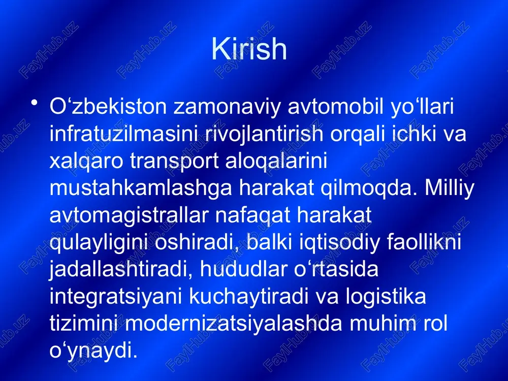 markaziy hududlar aloqasini mustahkamlaydi. turizm, neft-gaz va paxtachilik sohalari uchun muhim yoʻl. xalqaro loyihalar bilan integratsiya oʻzbekiston milliy avtomagistrallarini barpo etishda xalqaro transport tizimlariga integratsiyalashuvga alohida e’tibor qaratmoqda. bu mamlakatni mintaqaviy tranzit markaziga aylantirish imkonini beradi. 🌐 traceca “yevropa–kavkaz–osiyo” yoʻlagi. oʻzbekiston orqali gʻarb va sharqni bogʻlaydi. transport va savdoni erkinlashtirishga xizmat qiladi. 🌐 carec (markaziy osiyo mintaqaviy iqtisodiy hamkorligi) xalqaro avtomobil va temiryo‘l yo‘llarini birlashtiruvchi yirik tashabbus. oʻzbekiston carec-2 va carec-6 yoʻnalishlarida faol ishtirok etmoqda. 🌐 xitoy – oʻzbekiston – eron yoʻnalishi yangi “ipak yoʻli” doirasidagi muhim transport koridori. janubiy osiyo va fors koʻrfaziga chiqish imkonini beradi. avtomagistral qurilishidagi texnologiyalar zamonaviy milliy avtomagistrallar qurilishida ilg‘or texnologiyalar va muhandislik yondashuvlari qo‘llanilmoqda. bu yo‘llarning mustahkamligi, xavfsizligi va xizmat muddati uzoq bo‘lishini ta’minlaydi. 🛠 asfalt-beton va sement-beton qoplamalar haroratga chidamli, uzoq muddatli. kam texnik xizmat talab qiladi. 🏗 zamonaviy qurilish texnikasi yoʻl yotqizish mashinalari, lazerli tekislagichlar, ogʻir yuk mashinalari ishlatiladi. qurilish sifati va …