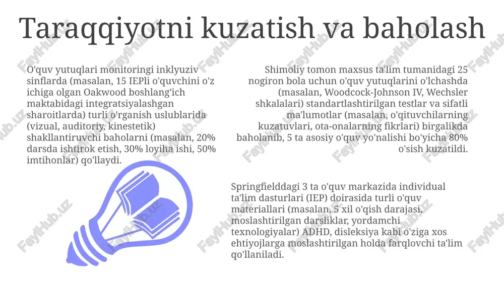 o'quvchining hamkorligi. bu ijtimoiy ko'nikmalarni rivojlantirishga va birgalikdagi hissiyotni shakllantirishga yordam beradi. 3-21 yoshgacha bo'lgan o'tishni rejalashtirish aqsh maktablarida individualizatsiyalashgan ta'lim dasturlarini (iep) talab qiladi, bu turli muhitlarda (uy, maktab, jamoatchilik) akademik, kasb-hunar va ijtimoiy ehtiyojlarni qondiradi yordamchi texnologiyalar va resurslar 7 million iepli bolalarni (inklyuziv sinflar, resurs xonalari, maxsus maktablar) qo'llab-quvvatlash uchun integratsiyalashgan va differensiallashgan o'qitish modellari (masalan, universal design for learning, hamkorlikda o'qitish) qo'llaniladi yordamchi texnologiyalar (yt) qurilmalari – masalan, qo'shimcha va alternativ kommunikatsiya (qaq) tizimlari, matnni nutqqa o'giruvchi dasturlar, moslashuvchan klaviaturalar – mamlakat bo'ylab 50 shtatda turli o'quv ehtiyojlari (masalan, disleksiya, autizm spektri buzilishi) bo'lgan 200 000 dan ortiq k-12 o'quvchilariga yordam beradi ota-onalar va pedagoglar uchun resurslar: onlayn ma'lumotlar bazalari (masalan, milliy o'quv qiyinchiliklar markazi, understood.org), 500 dan ortiq at vositalari, o'quv dasturlarini moslashtirish usullari (masalan, grafik tashkilotchilar, moslashtirilgan darsliklar) va idea bo'yicha qonuniy huquqlar haqida ma'lumot beradi maxsus ehtiyojlar spektri tushunchasi maxsus ehtiyojlar spektri, aqshda …