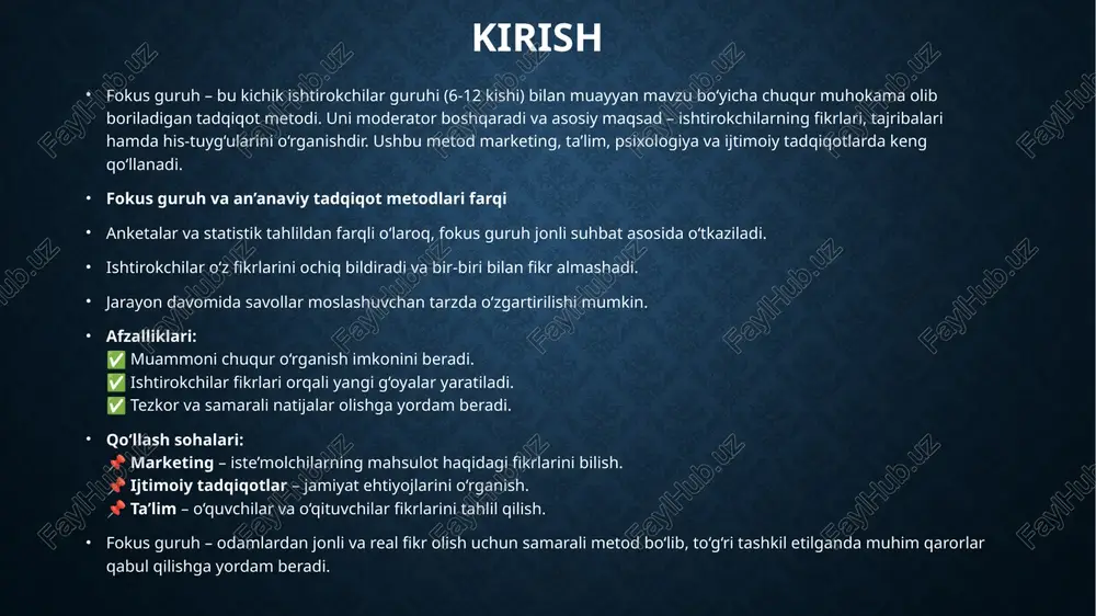 chilar tadqiqot mavzusiga mos bo‘lishi lozim. ular quyidagi mezonlar asosida tanlanadi: ✅ muhokama qilinayotgan mavzuga aloqadorlik ✅ muayyan tajriba yoki bilimga ega bo‘lish ✅ turli fikrlarni qamrab olish imkoniyati 2. ishtirokchilar soni va demografik ko‘rsatkichlari 🔹 optimal son: 6-12 kishi – faol muhokama uchun eng samarali tarkib. 🔹 demografik ko‘rsatkichlar: yoshi, jinsi, kasbi va tajribasi muhim bo‘lishi mumkin. 🔹 turli nuqtai nazarlar: guruh ichida turli qarashlarga ega shaxslarning bo‘lishi tahlilni boyitadi. 3. tanlov jarayoni va chaqiruv 📌 ishtirokchilar e’lon, so‘rovnomalar yoki shaxsiy takliflar orqali tanlanadi. 📌 ularga fokus guruhning maqsadi va davomiyligi tushuntiriladi. 📌 ishonchli muhit yaratish uchun oldindan ruxsat olinadi va ishtirokchilar rag‘batlantirilishi mumkin. fokus guruh suhbat ssenariysi fokus guruh samarali o‘tishi uchun oldindan aniq va puxta rejalashtirilgan savollar kerak. to‘g‘ri tuzilgan suhbat ssenariysi ishtirokchilarning fikrlarini ochiq bildirishiga yordam beradi va muhim ma’lumotlarni olishni ta’minlaydi. 1. savollar shakllantirishning asosiy qoidalari ✅ oddiy va tushunarli bo‘lishi kerak. ✅ ishtirokchilarning tajribasi …