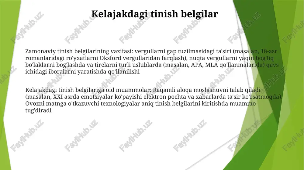 n; ammo standart punktuatsiya yo'q edi. iskandariya kutubxonasi ta'sirli qo'lyozmalarni saqlagan. keyinchalik, rim yozuvchilari nuqta va belgilar qo'shishgan. 1475: aldus manutiusning kursivdagi shrifti venedikda tinish belgilarining standartlashuvi sinovini o'tkazdi va 16-asrda butun yevropada nashriyotchilikka ta'sir ko'rsatdi. savodxonlikning oshishi va mahalliy tillardagi injil tarjimalarining ko'payishi aniqroq gap tuzilmalariga talabni oshirdi, bu tinish belgilarining rivojlanishiga turtki bo'ldi kitob chop etish inqilobi gutenbergning 1440-yillardagi maynsdagi ixtirosi bo'lgan harakatlanuvchi harflar bilan bosish yevropani inqilob qildi; 15-asrda ommaviy nashr etilgan kitoblar orqali bilim tarqalishi tezlashdi, bu uyg'onish va isloh davriga (95 tezis, 1517) ta'sir ko'rsatdi. germaniya, italiya, angliya kabi mintaqalarda savodxonlik darajasi oshdi. 18-asr standartlashtirish harakatlari tinish belgilariga oid qoidalarni mustahkamladi; robert louning 1762-yildagi "ingliz grammatikasiga qisqa kirish" asari buyuk britaniya va amerikada zamonaviy qo'llanmani sezilarli darajada shakllantirdi chop etishning rivojlanishi bosma nashr bilan birga rivojlandi; ilk qo'lyozmalarda izchil tizim yo'q edi. qadimgi yunon va rim amaliyotlari rivojlanishga ta'sir ko'rsatdi; aldus manutiusning 15-asr venetsiya nashrlari …