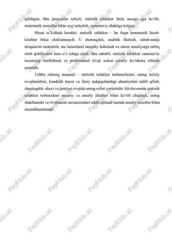 litik fikrlashini rivojlantiradi, qaror qabul qilish jarayonini ilmiy dalillarga asoslash imkonini beradi. statistik tafakkur shunchaki ma’lumotlarni yig‘ishdan iborat emas; u ma’lumotlarni to‘g‘ri tanlash, ularni tizimli shaklda tahlil qilish, natijalarni interpretatsiya qilish va xulosa chiqarish jarayonini o‘z ichiga oladi. statistik tafakkurning mohiyati bir necha jihatdan tushuntiriladi: 1. ma’lumotga asoslangan qaror qabul qilish statistik tafakkur insonni his-tuyg‘ular va sub’ektiv qarorlar o‘rniga aniq ma’lumotlarga tayanishga o‘rgatadi. masalan, iqtisodiy jarayonlarni tahlil qilishda yoki sog‘liqni saqlash sohasida epidemiologik tadqiqotlar olib borishda, statistik tafakkur yordamida xatolik ehtimoli kamayadi va qarorlar ishonchli bo‘ladi. 2. vaqelikni raqamlar orqali anglash statistik tafakkur shaxsga hodisalarni sonlar va foizlar, o‘rtacha qiymatlar va dispersiyalar orqali tushunish imkonini beradi. bu, ayniqsa, murakkab ijtimoiy yoki iqtisodiy jarayonlarni baholashda muhimdir. masalan, aholining daromad taqsimoti yoki mahsulot narxlarining o‘zgarishi statistik tafakkur orqali tahlil qilinadi. 3. tizimli va mantiqiy fikrlashni rivojlantirish statistik tafakkur insonni faktlar va ma’lumotlar asosida mantiqiy bog‘lanishlarni aniqlashga o‘rgatadi. bu qobiliyat sabab-natija aloqalarini tushunish, …