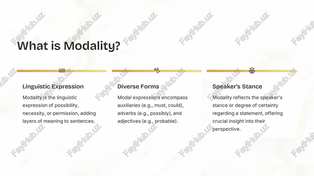 d respectful cross-cultural communication, preventing misunderstandings. • for instance, what might be a polite suggestion in one culture could be interpreted as a weak request in another. https://gamma.app/?utm_source=made-with-gamma https://gamma.app/?utm_source=made-with-gamma modality in communication and persuasion high modality words like "must", "will", "definitely" express certainty. they are often used to assert facts, make strong claims, or influence opinions by conveying conviction. medium modality terms such as "should", "probably", "likely" indicate a strong possibility or recommendation without absolute certainty. they allow for a degree of flexibility. low modality words like "might", "could", "perhaps" express possibility or doubt. they are effective when suggesting ideas, softening requests, or acknowledging uncertainty in arguments. strategic use of modality is a powerful tool in persuasive writing and speech, allowing speakers to subtly guide their audience's perception and belief. https://gamma.app/?utm_source=made-with-gamma https://gamma.app/?utm_source=made-with-gamma expressing modality in past and conditional forms while modal verbs themselves do not change for tense, their meaning …