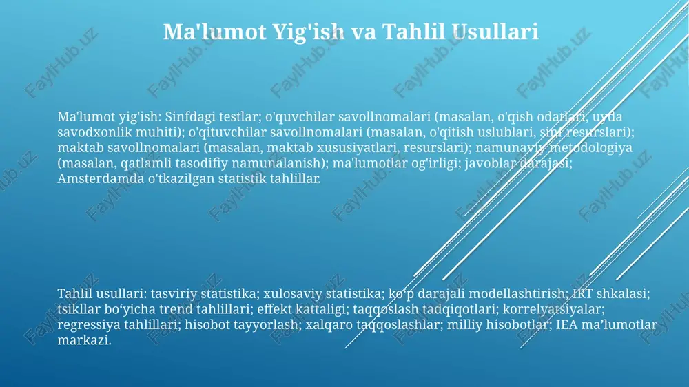 s sikllari bo'yicha metodologik takomillashtirishlar (masalan, yangilangan baholash ramkalari, namunaviy strategiyasi) ma'lumotlarning ishonchliligini va mamlakatlararo taqqoslanishini yaxshilaydi, ta'lim aralashuvlariga asos bo'ladi. pirls, 2001-yilda boshlangan, 4-sinf o'quvchilarining o'qish savodxonligini baholaydi; 65 dan ortiq mamlakat/hudud tsikllar davomida ishtirok etib, o'qishni tushunish, lug'at boyligi va o'qish tezligi bo'yicha trend ma'lumotlarini taqdim etdi. o'qish natijalarida jahon bo'ylab sezilarli farqlar bor; masalan, sharqiy osiyo davlatlari doimiy yuqori ball to'playdi, ba'zi lotin amerikasi va saxara janubidagi afrika mamlakatlari esa muammolarga duch keladi; bu esa jahon miqyosida ta'lim siyosatiga ta'sir qiladi. siyosat tavsiyalari va tavsiyalar iea tomonidan 1991-yilda boshlangan pirls 4-sinf o'quvchilarining o'qishni tushunish ko'nikmalarini xalqaro miqyosda baholaydi; ma'lumotlar o'quv dasturlari va o'qituvchilarni tayyorlashga (masalan, finlyandiyaning yuqori ballari) yordam beradi; 2021-yilgi tsiklda 50 dan ortiq davlat ishtirok etdi. siyosatchilar pirls trend ma'lumotlaridan (masalan, aqshning pasayayotgan ballari "har bir talaba muvaffaqiyat qozonadi" qonunini qabul qilishga sabab bo'ldi), taqqoslash tahlilidan (masalan, singapur va aqsh) resurslarni taqsimlashda hamda turli ta'lim …