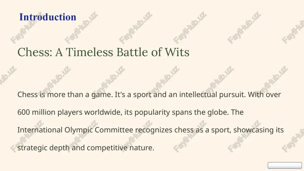trategy – strategiya tactics – taktika bishop – fil knight – ot endgame – endshpil (o‘yin oxiri) pawn – piyoda castling – rokirovka blunder – xato gambit – gambit (qurbonlik orqali yutuq qo‘lga kiritish) gllasariy checkmate – shaxmatda podshohning himoyadan mahrum bo‘lib, o‘yinning yakunlanishi. opening – o‘yinning boshlang‘ich qismi, unda figuralar rivojlantiriladi va markaz nazorat qilinadi. middlegame – o‘yinning o‘rta qismi, asosiy taktik va strategik harakatlar shu bosqichda sodir bo‘ladi. endgame – o‘yinning yakuniy qismi, taxtada kam sonli figuralar qolganda o‘ynaladi. gambit – o‘yin boshida yutuq evaziga qurbonlikka figura berish usuli. fork – bir figuraning bir vaqtning o‘zida ikkita yoki ko‘proq raqib figuralarini tahdidga qo‘yishi. pin – bir figuraning harakatlanishi cheklangan holat, chunki u harakatlansa, ortidagi muhim figura tahdid ostida qoladi. castling – podshoh va ruhning maxsus harakati, u podshohni xavfsizroq joyga ko‘chirish va ruhlarni bog‘lash uchun qo‘llaniladi. blunder – juda yirik xatolik, u natijada pozitsiyani jiddiy yomonlashtirishi mumkin. stalemate …