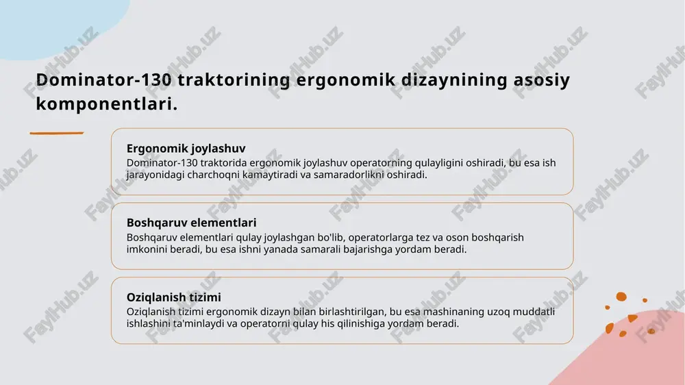 xo'jalik sohasida raqobatbardoshlikni kuchaytiradi. dominator-130 traktorida ergonomik qulayliklar va foydalanuvchi tajribasi. ergonomik joylashuv dominator-130 traktorining ergonomik joylashuvi operator uchun qulay bo'lib, uzoq vaqt ishlashda charchoqni kamaytiradi va samaradorlikni oshiradi. boshqaruv qulayligi traktorda joylashgan boshqaruv elementlari intuitiv va qulay, bu esa tezkor va samarali ish jarayonini ta'minlaydi, operatorning diqqatini oshiradi. foydalanuvchi tajribasi dominator-130 traktorida foydalanuvchilar ergonomik qulayliklar orqali ish jarayonida yuqori darajadagi qulaylik va samaradorlikni his qiladilar, bu esa ularning ishini yengillashtiradi. samaradorlikni oshirish uchun zamonaviy texnologiyalar va innovatsiyalar. 1 zamonaviy texnologiyalar - zamonaviy texnologiyalar, masalan, gps va avtomatlashtirilgan boshqaruv tizimlari, dominator-130 traktorining samaradorligini oshirishda muhim rol o'ynaydi. 2 innovatsion usullar - innovatsion usullar, jumladan, akkumulyatorli energiya manbalari va ekotizimga mos texnologiyalar, qishloq xo'jaligi ishlarini yanada samarali amalga oshirishga yordam beradi. 3 ma'lumotlar tahlili - ma'lumotlar tahlili yordamida fermerlar qishloq xo'jaligi jarayonlarini optimallashtirib, resurslardan samarali foydalanish va ishlab chiqarishni oshirish imkoniyatiga ega bo'lishadi. ergonomik dizaynning qishloq xo'jaligidagi ahamiyati va ta'siri. 1 …