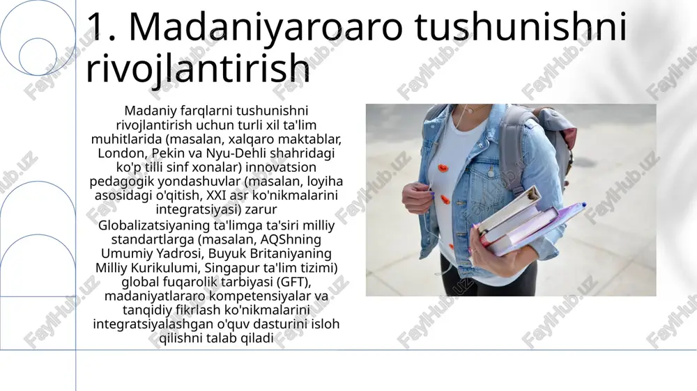 arda har bir o'quvchiga 10 000 dollar, detroit va chikago kabi kambag'al shaharlardagi tumanlarda esa 5000 dollar) standart test natijalariga (masalan, milliy o'rtacha ko'rsatkichlarda 20% farq) ta'sir qilib, adolatli imkoniyatga to'sqinlik qiladi 9. jahon fuqaroligini rivojlantirish 10. jahon ta'lim samaradorligini o'lchash jahon bo'yicha pisa ballari aqsh, xitoy va finlyandiya kabi yxo mamlakatlari o'rtasida matematika, fan va o'qish savodxonligi bo'yicha sezilarli farqlarni ochib beradi va bu global raqobatbardoshlikka ta'sir qiladi. norvegiya va saxara janubidagi afrika kabi mamlakatlar o'rtasidagi moliyalashtirishdagi tafovutlar tengsizlikni kuchaytiradi zamonaviy muammolar: 4-sanoat inqilobiga moslashgan o'quv dasturlari, sun'iy intellekt, stem (fan, texnologiya, muhandislik va matematika) ko'nikmalari va tanqidiy fikrlashni rivojlantirish. ayniqsa, rivojlanayotgan mamlakatlardagi (masalan, lotin amerikasi) o'qituvchilarni qayta tayyorlash tezkor texnologik va pedagogik taraqqiyotga moslashishda qiynalmoqda 11.ta'limda raqamli tafovutni bartaraf etish 12.global ta'limdagi moliyalashtirish va barqarorlik e'tiboringiz uchun rahmat @taqdimot_robot image1.png image2.jpg image3.jpg image4.jpg image5.jpg image6.jpg image7.jpg image8.jpg image9.jpg image10.jpg image11.jpg image12.jpg image13.jpg