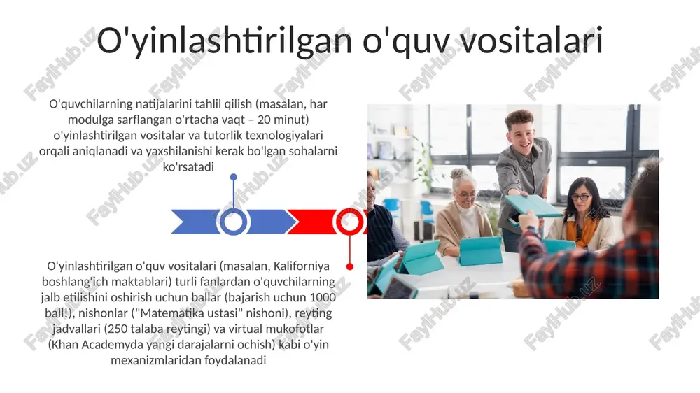 orlikdagi o'rganish muhiti hamkorlikli o'rganish muhitlari (masalan, michigan universiteti onlayn o'quv maydonchalari) sinflarda virtual doskalar (masalan, miro, stormboard) kabi texnologiyalarni qo'llab, real vaqtda guruh loyihalarini osonlashtiradi, talabalarning faolligini oshiradi (o'rtacha 25% yaxshilanish) va 3-5 talabali jamoalar orqali bilimlarni shakllantirishga yordam beradi. ma'lumotlarga asoslangan tahlillar ai yordamida moslashuvchan o'rganish platformalarini (masalan, khan academy, duolingo) qo'llagan tutorlik texnologiyalari 50 shtat va 100 dan ortiq universitetlardagi 2 milliondan ortiq k-12 o'quvchilari va 500 mingdan ortiq oliy o'quv yurtlari talabalariga shaxsiylashtirilgan ta'lim tajribasini taqdim etadi o'quvchilarning baholari, topshiriqlari (testlar, uy vazifalari, loyihalar) va real vaqtli fikr-mulohazalar mexanizmlaridan olingan 10 milliard ma'lumot nuqtasini tahlil qilish orqali shaxsiy o'rganish yo'llari yaratildi e'tiboringiz uchun rahmat @taqdimot_robot image4.jpg image5.jpg image6.jpg image7.jpg image8.jpg image9.jpg image10.jpg image11.jpg image12.jpg image13.jpg image14.jpg image15.jpg image1.jpeg image2.jpeg