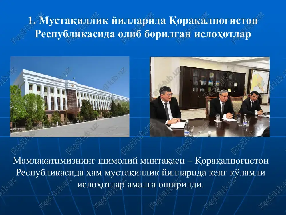 iga 4,5 milliard kub metr gaz qayta ishlanmoqda. buning samarasida xalqimiz ehtiyoji va eksport uchun 3,7 milliard kub metr gaz, 387 ming tonna polietilen, 83 ming tonna polipropilen, 102 ming tonna piroliz distillyati va boshqa qimmatbaho mahsulotlar ishlab chiqarilmoqda. mustaqillik yillarida qishloq xo'jaligi sohasida mutlaqo yangi va samarali iqtisodiy munosabatlar joriy etildi. er o'z egasini topdi. bugun qoraqalpog'iston fermerlari qishloq xo'jaligi mahsulotlarining asosiy qismini etkazib berish bilan birga, qishloq taraqqiyotida hal qiluvchi ijtimoiy- siyosiy kuchga aylanib bormoqda. o'zbekiston respublikasi prezidenti shavkat mirziyoevning 2017-yil 21-yanvardagi qoraqalpog'iston respublikasiga tashrifi davomidagi tashabbusi asosida nukus shahrida «samsung» zavodi barpo qilindi bugun «samsung» brendi ostida ishlab chiqarilayotgan maishiy texnika vositalari kirib bormagan xonadon bo'lmasa kerak. 200 dan ortiq kishi bandligi ta'minlangan yangi korxona eng so'nggi rusumdagi uskunalar bilan jihozlangan. 2019 yil avgustda nukus shahrida bo'lib o'tgan yig'ilishda davlatimiz rahbari mintaqani taraqqiy ettirish bo'yicha ustuvor yo'nalishlarni belgilab berdi.  birinchisi - sanoatni rivojlantirish, barcha tarmoqlarda yirik …