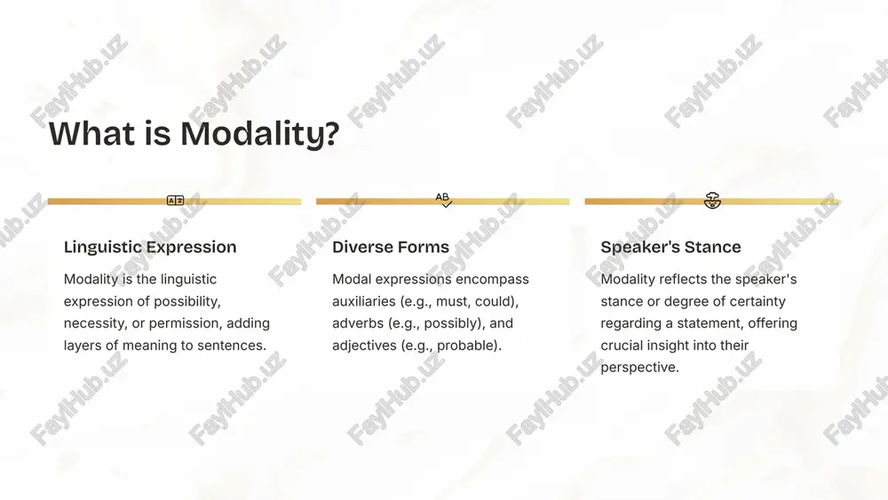 " indicate a strong possibility or recommendation without absolute certainty. they allow for a degree of flexibility. low modality words like "might", "could", "perhaps" express possibility or doubt. they are effective when suggesting ideas, softening requests, or acknowledging uncertainty in arguments. strategic use of modality is a powerful tool in persuasive writing and speech, allowing speakers to subtly guide their audience's perception and belief. 8 expressing modality in past and conditional forms while modal verbs themselves do not change for tense, their meaning can be expressed in past and conditional contexts through specific constructions. past modality expressed by combining a modal verb with "have" and the past participle of the main verb. for example, "you should have gone to the meeting" indicates a past obligation that was not fulfilled. conditional modality used to express hypothetical situations. this often involves "would have", "could have", or "might have". for example, "i could …