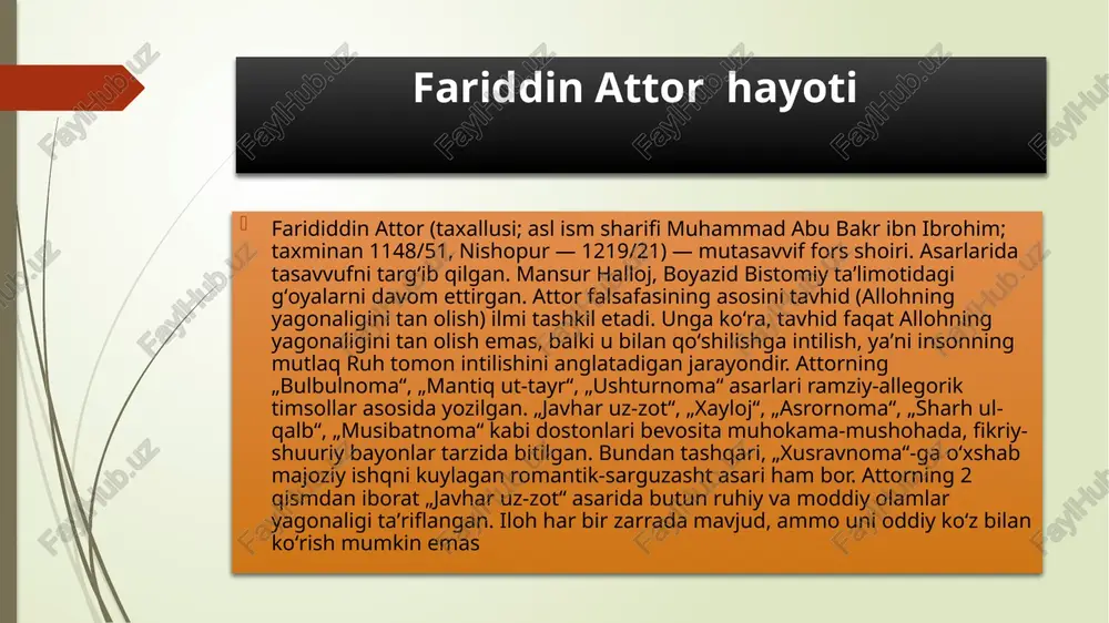 145-1221) jahon so‘z san’atining zabardast namoyandalaridan biri, yirik mutasavvif shoir farididdin abuhomid muhammad ibn abubakr ibrohim nishopuriy nishopur atrofidagi kadkani qishlog‘ida tug‘ilgan. otasi abubakr ibn ibrohim attor va tabib edi. bu kasb o‘g‘liga ham meros bo‘lib o‘tgan. shoirning attor nomi bilan xalq ichida mashhur bo‘lishi va uni adabiy taxallus qilib olishi shundan. yoshligidan ilm tahsiliga qiziqqan muhammad adabiy, diniy, hikmatu kalom, nujum, tib va dorishunoslik fanlarini chuqur o‘zlashtirib, o‘z davrining peshqadam kishilaridan biriga aylanadi. u so‘fiylik muhiti va tasavvuf ahli orasida yashaganidan bu ta’limot unga kuchli ta’sir ko‘rsatadi. uning o‘zi ham yirik shayx va avliyo bo‘lgan. shayxlar shayxi majdiddin bag‘dodiy qo‘lidan darveshlik xirqasini kiygan. eronlik mashhur adabiyotshunos sayid nafisiy ham uni kubraviya tariqatining davomchisi bo‘lgan, deb hisoblaydi. shunga qaramay, attor tariqat sulukida shayx rukniddinning muridi sanaladi. aslida u uvaysiy bo‘lib, mashhur so‘fiy mansur hallojning ruhidan tarbiya topgan. alisher navoiy jaloliddin rumiy tilidan bu haqda: uning hayoti va faoliyati haqida maʼlumotlar …