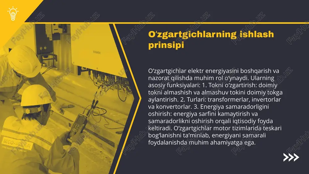 do bo‘ladi. photo by ej yao on unsplash teskari bog‘lanishning afzalliklari teskari bog‘lanish, motor tizimlarida energiya samaradorligini oshirish uchun muhim ahamiyatga ega. bu jarayon tizimning ish faoliyatini monitoring qilish va nazorat qilish imkonini beradi. motor tizimida teskari bog‘lanish, harakat tezligini va momentini optimallashtirish orqali tizim ishini yaxshilaydi. bu, energiya iste'molini kamaytirishga ham yordam beradi. teskari bog‘lanish orqali haroratni nazorat qilish va optimallashtirish mumkin. bu, ishlab chiqarish jarayonlarida xavfsizlikni ta'minlash va materiallarning sifatini oshirishda muhim rol o'ynaydi. ishlab chiqarish jarayonlarida teskari bog‘lanishning foydalari, tizimlarning barqarorligini oshirish va ularning xizmat muddatini uzaytirish bilan birga, iqtisodiy samaradorlikni ham ta'minlaydi. teskari bog‘lanishning energiya samaradorligi teskari bog‘lanish orqali energiya tejamkorligini oshirish mumkin. bu texnologiya converter-motor tizimlarida energiya sarfini kamaytirish va samaradorlikni oshirishga yordam beradi. misol sifatida, zamonaviy tizimlarda energiya tejash uchun real misollar keltirilishi mumkin. teskari bog‘lanish iqtisodiy jihatdan foydali bo‘lib, investitsiyalarni qoplash va rentabellikni oshirishda muhim rol o‘ynaydi. shuningdek, mavjud texnologiyalar energiya samaradorligini oshirishda …