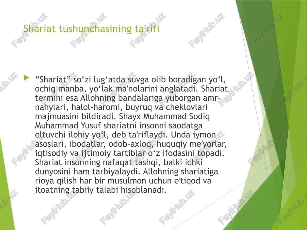 dov va firibni tark etish shariatning muhim talablaridandir. shayx hazratlari musulmonning iymoni savdo-sotiqda sinovdan o‘tishini eslatib, huquqiy va axloqiy meʼyorlarga rioya etish zarurligini uqtiradilar. shariatga mos muomala bo‘lsa, jamiyatda ishonch, baraka va ijtimoiy adolat qaror topadi, mo‘minlar o‘rtasida birodarlik mustahkamlanadi. jinoyat va jazo hukmlarining hikmati shariatda jinoyat va huquqbuzarliklarga nisbatan ham aniq hukmlar va tartiblar mavjud. o‘g‘irlik, qotillik, buzg‘unchilik, tuhmat, ichkilik, fohishalik kabi og‘ir gunohlar uchun jazo belgilangan. bu jazolar shafqatsizlik emas, balki jamiyatni himoya qilish, begunohlarni asrash, adolatni tiklash vositasidir. shayx muhammad sodiq muhammad yusuf ulamolar so‘zlariga tayangan holda, bu hukmlar faqat shariatni to‘liq qabul qilgan, adolatli, guvohlik va isbot tizimi to‘g‘ri ishlaydigan jamiyatda qo‘llanishini eslatadi. shariat jazolarining asosida qo‘rquv bilan birga, ogohlantirish va tarbiyaviy maqsad yotadi. shariat va rahm-shafqat baʼzi kishilar shariatni faqat qattiq jazo va cheklovlarga tenglashtirib, uni rahmsiz tizim deb o‘ylashadi. aslida esa shariatning har bir hukmi rahm-shafqat, adolat va hikmatga asoslangan. gunoh qilgan bandaga tavba …