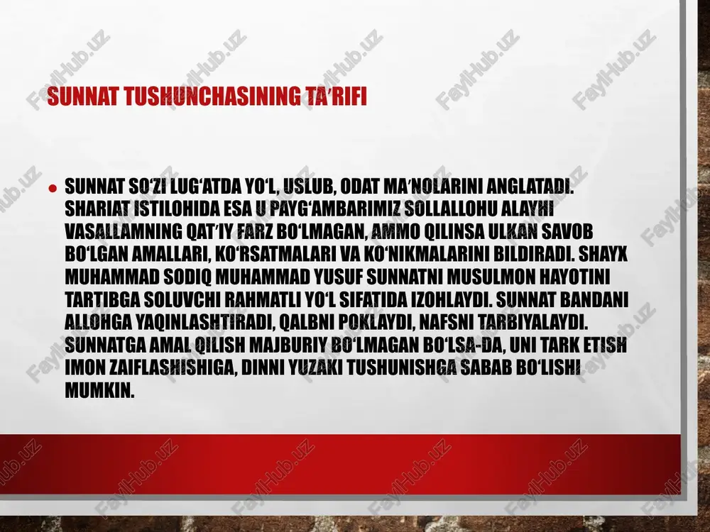 qish hissini qalbga joylashga daʼvat qiladilar. muomalalarda sunnatga ergashish islom faqat namoz va ro‘zadan iborat emas; u muomala, savdo, qarindoshlik, qo‘shnichilik va jamiyat bilan aloqalarda ham to‘liq dasturdir. sunnat – muomaladagi go‘zal xulq, adolat va halollik mezoni. payg‘ambarimiz sollallohu alayhi vasallam halol mehnat qilish, aldovdan yiroq bo‘lish, qarzdorga yengillik berish, yetim va miskinlarni qo‘llashni targ‘ib qilganlar. shayx hazratlari kitoblarida aynan iymoni sobit mo‘min avval axloqini tuzatishi, keyin ilm va ibodatini oshirishi lozimligini qayta-qayta eslatadilar. bu – sunnatga mos yo‘ldir. ovqatlanish va kiyinishdagi sunnatlar sunnat kundalik odatlarimizni ham chiroyli qilib qo‘yadi. ovqatlanishda o‘ng qo‘l bilan yeyish, “bismillah” bilan boshlash, oldidagi taomdan yeyish, isrof qilmaslik, ortiqcha to‘ymaslik – bularning barchasi sunnatdir. kiyimda poklik, halol manbadan bo‘lishi, kibrdan yiroqlik, erkak va ayol liboslaridagi farqlarga rioya qilish sunnat ko‘rsatmalariga kiradi. shayx muhammad sodiq muhammad yusuf musulmon insonning tashqi ko‘rinishi ham iymoniga mos bo‘lishi, kiyim va ovqat tanlashda alloh roziligi birinchi o‘rinda turishi kerakligini uqtiradilar. …