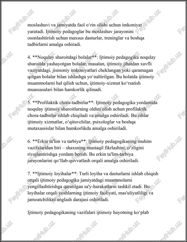 onastirlar va diniy ta'lim maskanlari beqaror ijtimoiy muhitda insonlarni tarbiyalashda muhim rol o'ynagan. bu davrda ta'lim, asosan, diniy bilimlarni o'z ichiga olgan. 3. **xvii-xviii asrlar**: bu davrda yevropada pedagogikaning rivojlanishi kuzatildi. chunonchi, yan amos komenskiyning "buyuk didaktika" asari ta'lim va tarbiyada yangi yondashuvlarni taklif etib, ijtimoiy pedagogikaning rivojlanishiga hissa qo'shdi. shu davrda ijtimoiy ta'limga e'tibor ortgan va bu jarayon insonlarda ijtimoiy mas'uliyat va axloqiy tarbiyani rivojlantirishga xizmat qilgan. 4. **xix asr**: ijtimoiy pedagogika mustaqil ilmiy yo'nalish sifatida shakllandi. bu davrda ijtimoiy pedagogikaning nazariy va amaliy jihatlari shakllana boshladi. nemis pedagogi pol natorp ijtimoiy pedagogik faoliyatga va uning jamiyatdagi ahamiyatiga alohida e'tibor qaratdi. uning g'oyalari ijtimoiy pedagogikani mustahkamlashga xizmat qildi. 5. **xx asr boshlarida**: ijtimoiy pedagogika o'zining nazariy asoslarini yanada rivojlantirdi va kengroq miqyosda qo'llanila boshladi. bunda marko gabler, pol natorp, herman noll singari olimlar sezilarli hissa qo'shishdi. ular ijtimoiy pedagogika masalalarini o'rganib, bu yo'nalishga tegishli yangi tushunchalar va metodlarni ishlab …
