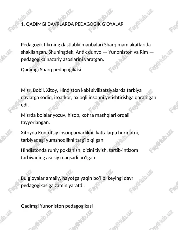 ”, unga qanday yozilsa, shunday shakllanadi. tajriba, kuzatish va amaliyotga asoslangan ta’limni taklif qilgan. j.j russo tabiiy tarbiya g‘oyasi. bola majburiy emas, qiziqarli yo‘l bilan o‘qitilishi kerak. pestalozzi “yurak – bosh – qo‘l” tamoyili. mehr va insonparvarlik tarbiyaning mohiyati deb bilgan. gerbart axloqiy tarbiyaga katta e’tibor bergan. tarbiya jarayonini boshqarish va nazorat asosida tashkil etgan. --- 5. xx asr pedagogik g‘oyalari xx asrda pedagogika jadal rivojlandi. psixologiya, sotsiologiya, falsafa bilan yaqindan bog‘landi. makarenko jamoada tarbiya, mehnat tarbiyasi tizimini yaratdi. suxomlinskiy o‘qituvchi va o‘quvchi o‘rtasida mehr-muhabbat bo‘lishi kerakligini ta’kidladi. ruhiy tarbiya va qalb tarbiyasining muhimligini ko‘rsatdi. dyui ta’lim hayot bilan bog‘liq bo‘lishi kerak (“maktab — hayotning o‘zi”). muammo yechish orqali o‘qitish metodlarini ishlab chiqqan. montessori erkin, mustaqil faoliyatga asoslangan ta’lim tizimini yaratdi. --- 6. zamonaviy pedagogik g‘oyalar bugungi ta’lim tizimi insonni markazga qo‘yadi. shaxsga yo‘naltirilgan ta’lim har bir o‘quvchi o‘ziga xos, unga mos metod tanlanadi. konstruktivizm o‘quvchi bilimni tayyor emas, balki …