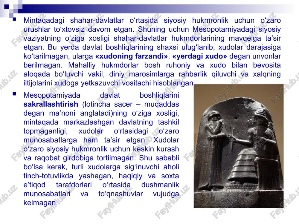 tganidan keyin jahannamdan qaytib chiqib, xudolar panteonidagi avvalgi mavqeini qayta tiklagan yoki vazifasining o‘zgarishi sababli xalq xotirasidan asta-sekin unutilib ketgan. xudolar darajasidagi hokimiyat uchun kurashning natijalari ko‘proq yerdagi ijtimoiy-siyosiy vaziyat, sulolalarning almashishi yoki shahar-davlatlar o‘rtasidagi kuchlar nisbatining o‘zgarishiga bog‘liq bo‘lgan. mintaqada siyosiy hukmronlikni qo‘lga kiritgan shahar-davlat o‘zining xudosini bosh xudo deb e’lon qilgan. shumerlar xudosi enlil www.arxiv.uz www.arxiv.uz xudolarning ko‘pchiligi antropomorf (grekcha anthropos – odam, morphe – shakl degan ma’nolarni anglatadi) qiyofada tasvir-langan. lekin ularning ayrimlari (suv xudosi – ea yoki urush xudosi – nergal) yarim odam, yarim hayvon (zoomorf) qiyofa-sida tasvirlangan. mesopo-tamiyaliklar xudolarni «qudratli buqalar» deb ataganlar. shuningdek, buqa hosildorlik timsoli va erkaklik ibtidosi bo‘lgan. ilon (donishmandlik, udda-buronlik, epchillik timsoli) ayollik ibtidosi ramzi bo‘lgan. shumerlar xudosi enlil www.arxiv.uz www.arxiv.uz ikki daryo oralig‘i xalqlarining diniy ta’limotini aks ettiruvchi muqaddas bitiklar yaratilmagan, ammo uning asoslari xalq og‘zaki ijodi namunalari (afsona, doston, rivoyat, matal, ertak kabilar)da bayon qilinadi. bizgacha «dunyoning yaratilishi haqidagi …