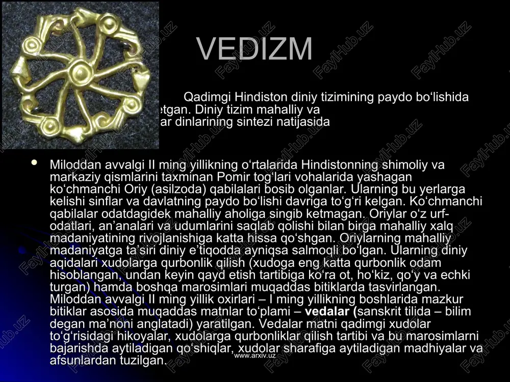 o – oqib chiqish, o‘tish degan ma’nolarni anglatadi, iloh ijodiy energiyasining oqib chiqishi) natijasida vujudga kelgan. tirik jonzodlardagi ruh uning bir zarrasidir. ruh boqiy. uning qayta tug‘ilishi to‘xtatilmasa, tanadan-tanaga cheksiz ravishda ko‘chaveradi. ruhning ko‘chishini sansara (sanskrit tilida – shakllanish, ko‘chish, vujudga kelish degan ma’nolarni anglatadi) aqidasi tartibga soladi. sansara barcha tirik mavjudotlarning o‘tkinchiligi, o‘zgaruvchanligi, ruhning tanadan-tanaga ko‘chishining yagona zanjiri to‘g‘risidagi ta’limotdir. ruhning ko‘chish tartibi, ya’ni ruhning qaysi mavjudotning tanasiga ko‘chishi uning hayot yo‘li yoki karmasiga (sanskrit tilida – harakat, burch, faoliyat degan ma’nolarni anglatadi) bog‘liq. karma – ilohiy kuch bo‘lib, odamning sodir etgan xatti-harakati, xulq-atvori, intilishlari va maqsadlarini umumlashtiradi va ruhning qaysi jonzodga ko‘chishini belgilaydi. braxmanizmda karmaning asosini kasta qoidalari tashkil etadi. kastada belgilangan qoidalarni buzish og‘ir gunoh sanaladi va bu ruhning ko‘chishi masalasini hal etishi mumkin. karma aqidalari dxarma (sanskrit tilida – qonun, burch, qoida, fazilat kabi ma’nolarni anglatadi) ta’limotida bayon qilingan. dxarma – fuqaroviy, axloqiy va madaniy qoidalar …