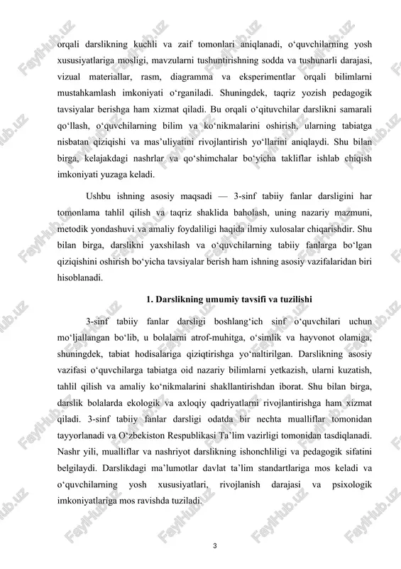 r darsligi odatda bir nechta mualliflar tomonidan tayyorlanadi va o‘zbekiston respublikasi ta’lim vazirligi tomonidan tasdiqlanadi. nashr yili, mualliflar va nashriyot darslikning ishonchliligi va pedagogik sifatini belgilaydi. darslikdagi ma’lumotlar davlat ta’lim standartlariga mos keladi va o‘quvchilarning yosh xususiyatlari, rivojlanish darajasi va psixologik imkoniyatlariga mos ravishda tuziladi. mualliflar darslikni tayyorlash jarayonida 3-sinf o‘quvchilarining e’tiborini jalb qilish, ularni mavzuga qiziqtirish va tabiiy fanlarni oddiy va sodda tushuntirishga alohida e’tibor qaratadilar. shu maqsadda matnlar qisqa, tushunarli va vizual materiallar bilan boyitilgan bo‘ladi. darslik odatda bir necha bo‘lim va mavzulardan tashkil topadi. har bir bo‘lim o‘quvchilarga tabiiy fanlar olamidagi asosiy tushunchalarni yetkazish va ularni amaliy faoliyat bilan bog‘lashga xizmat qiladi. masalan, darslikning birinchi bo‘limi “o‘simliklar olami” bo‘lishi mumkin. ushbu bo‘limda o‘quvchilar o‘simliklarning turli turlari, ularning yashash sharoitlari va ekologik moslashuv xususiyatlari bilan tanishtiriladi. bo‘lim matnlari o‘quvchilarga o‘simliklarni farqlash, ularni shakli, rangi va o‘sish xususiyatlari bo‘yicha tasniflash imkonini beradi. shuningdek, bo‘limda amaliy mashqlar va kuzatuvlar orqali …