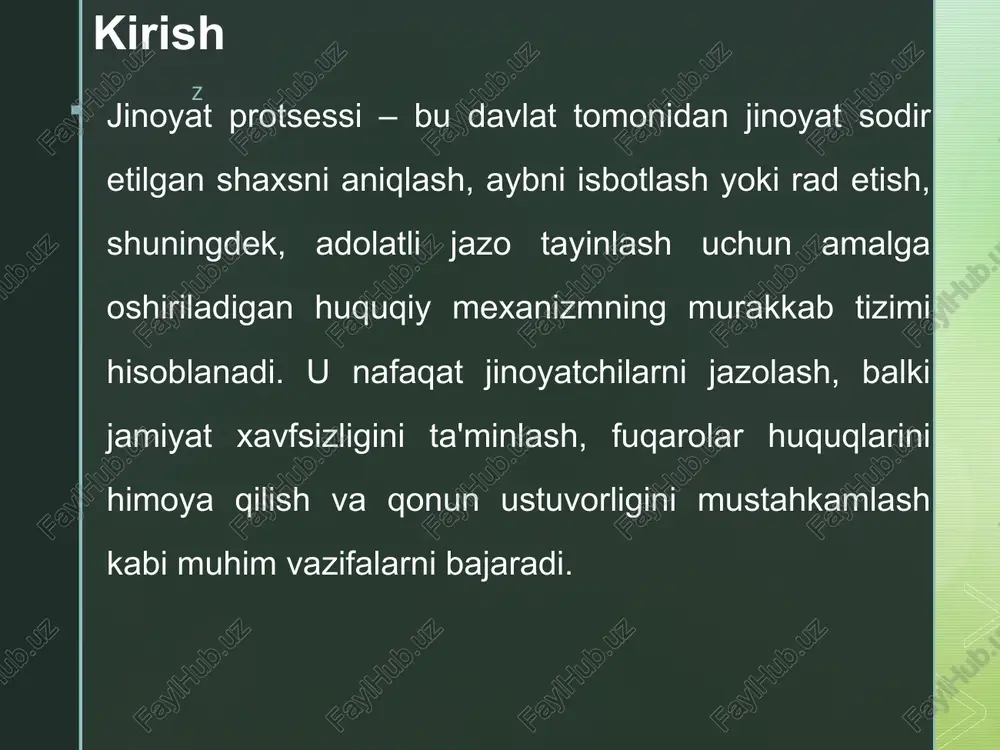 an hukmlari, ajrimlari va qarorlarini amaliyotga tatbiq etish mexanizmini ta’minlaydi. ushbu tizimning asosiy maqsadi – sud qarorlarining to‘liq va o‘z vaqtida bajarilishini nazorat qilish, shu bilan birga, ijro etish jarayonida ishtirok etuvchilarning huquq va erkinliklarini himoya qilishdir. o‘zbekiston respublikasining “sud hujjatlarini va boshqa organlar hujjatlarini ijro etish to‘g‘risida”gi qonuni (2001 yil 29 avgustda qabul qilingan, keyinchalik o‘zgartirishlar kiritilgan) bu tizimning huquqiy asosini tashkil etadi. z z ijro jarayonining o‘ziga xos jihatlari ijro jarayonining o‘ziga xos jihatlari jinoyat protsessining yakuniy bosqichini boshqa bosqichlardan ajratib turuvchi asosiy xususiyatlar sifatida namoyon bo‘ladi. bu jarayon nafaqat sud qarorlarini mexanik ravishda qo‘llash, balki ularning inson huquqlari va erkinliklariga mos ravishda amalga oshirilishini ta’minlashni o‘z ichiga oladi. jpkning 596-moddasiga ko‘ra, ijro etish bosqichi sud hukmi qonuniy kuchga kirgan vaqtdan boshlanadi va jinoyat-ijroiya tizimining vakolatli organlari tomonidan nazorat qilinadi. o‘ziga xos jihatlardan biri – jazo choralarining individualizatsiyasi. z bosqich nomi mazmuni asosiy protsessual harakatlar mas’ul organlar dastlabki …